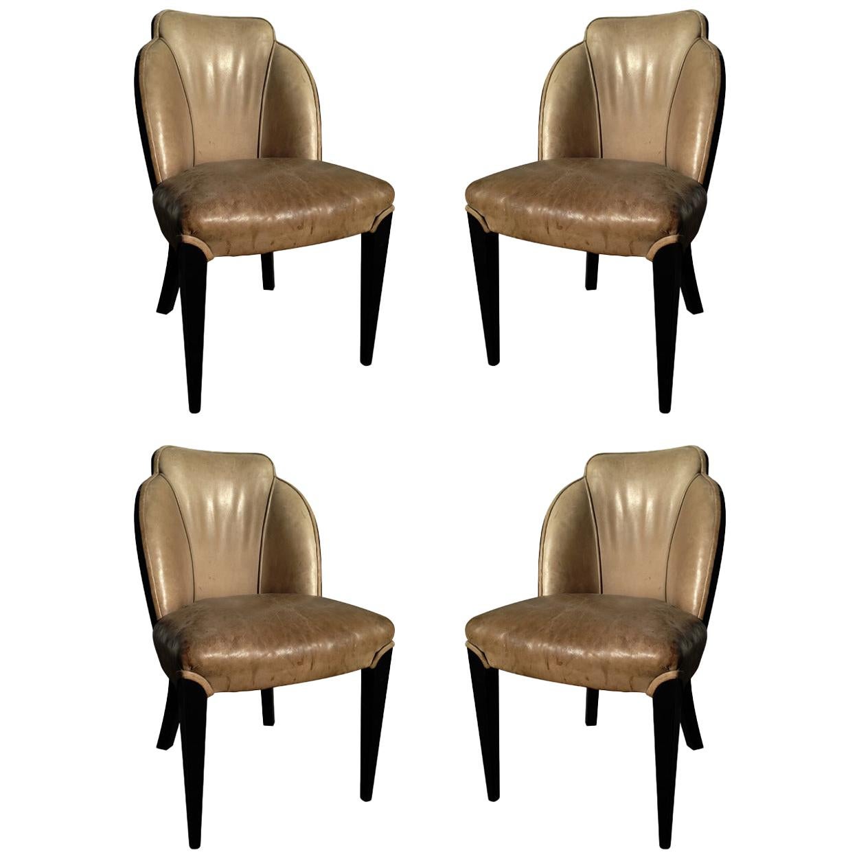 Two Pairs of Period Art Deco Ebonized Side Chairs