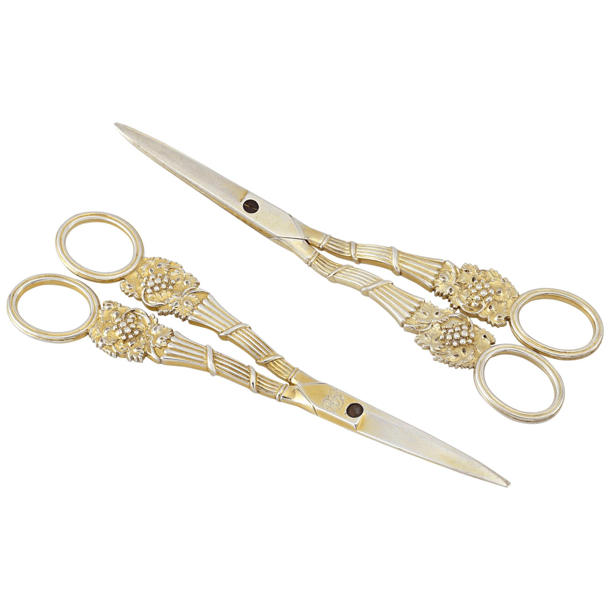 Two Pairs of Regency-Period Silver-Gilt Grape Shears For Sale