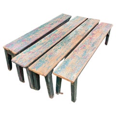 Pair of Rustic 19th C French Painted Pine Benches