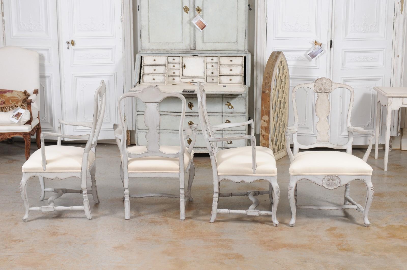 Two Pairs of Scandinavian Rococo Style Painted Armchairs For Sale 4