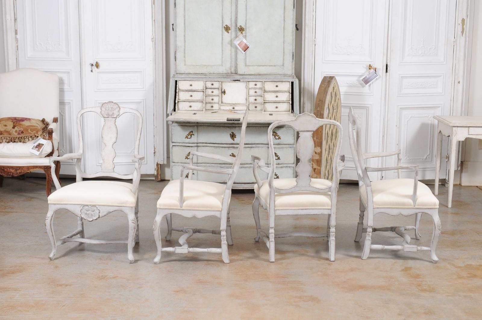 Two Pairs of Scandinavian Rococo Style Painted Armchairs For Sale 6