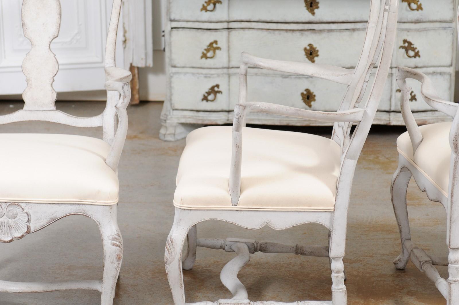 Two Pairs of Scandinavian Rococo Style Painted Armchairs For Sale 7