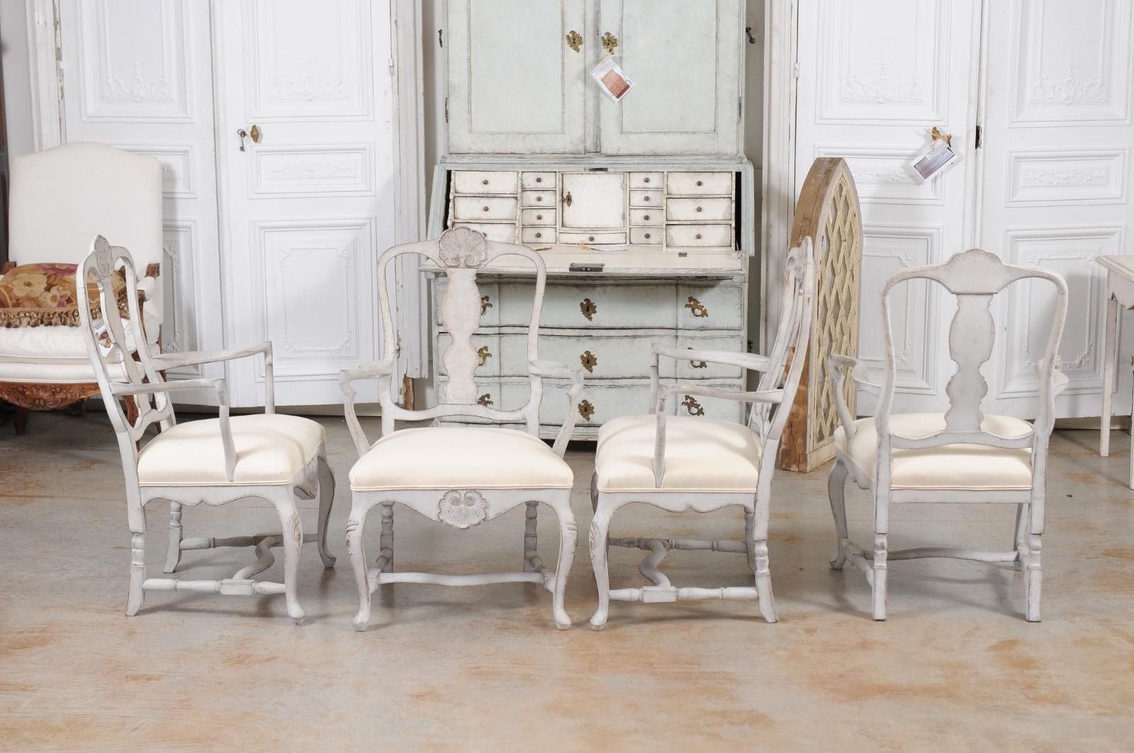 Two Pairs of Scandinavian Rococo Style Painted Armchairs For Sale 9