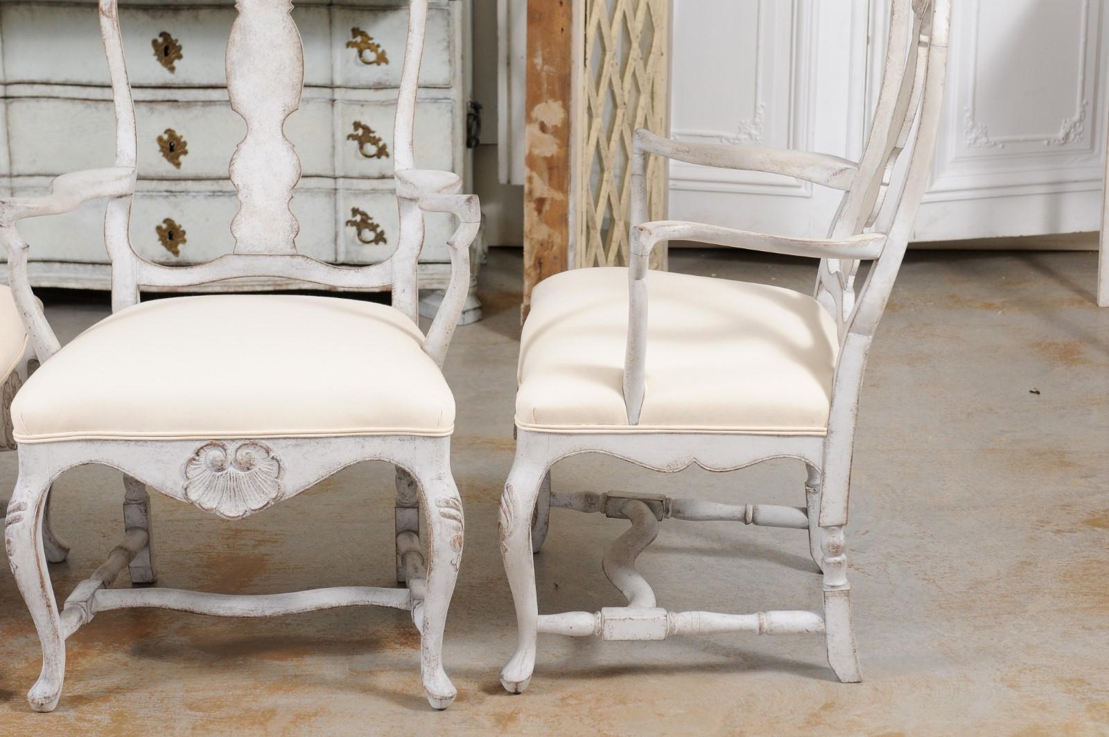 Upholstery Two Pairs of Scandinavian Rococo Style Painted Armchairs For Sale