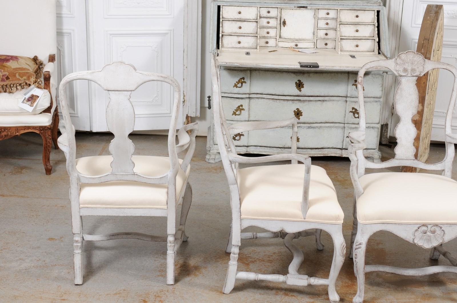 Two Pairs of Scandinavian Rococo Style Painted Armchairs For Sale 2