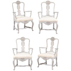 Two Pairs of Scandinavian Rococo Style Painted Armchairs with New Upholstery