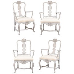 Two Pairs of Scandinavian Rococo Style Painted Armchairs