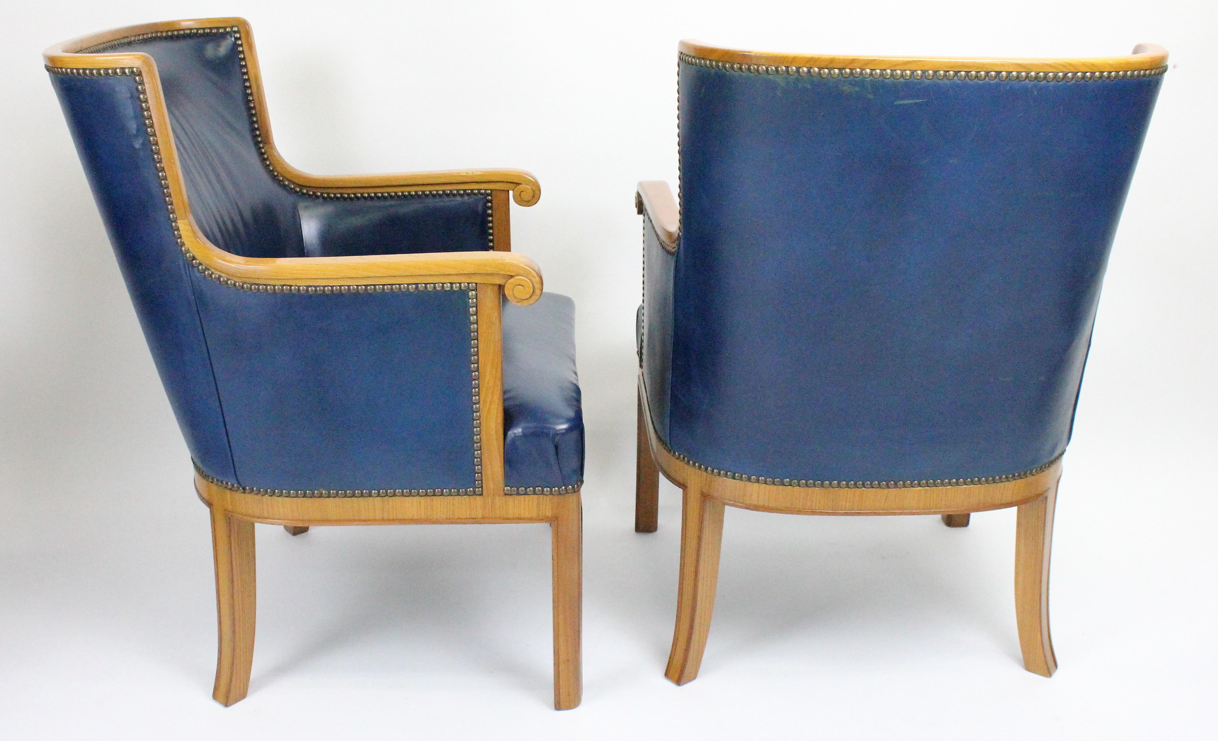 Two Pairs of Swedish 1930s Armchairs by Bodafors in Elm and Royal Blue Leather 2