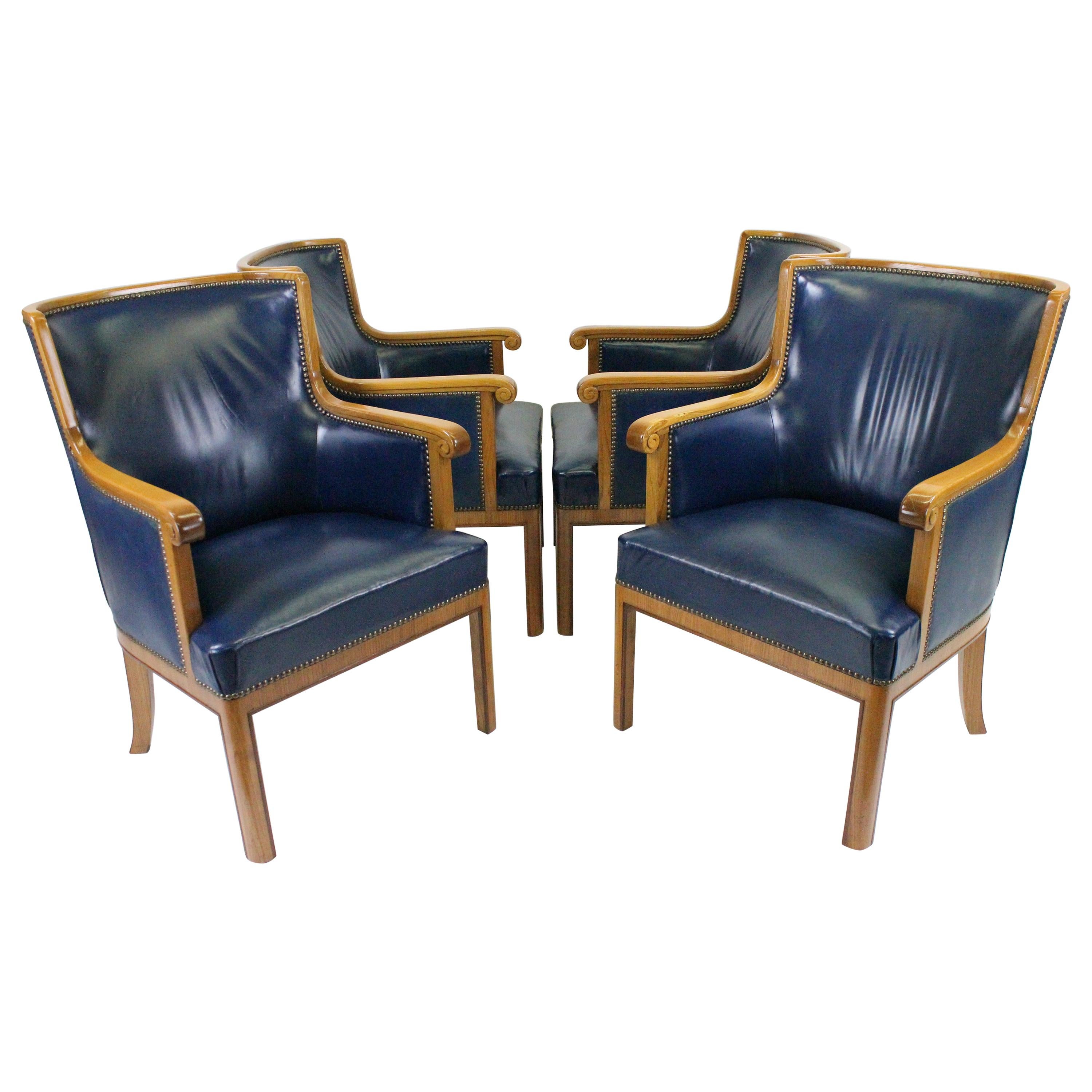 Two Pairs of Swedish 1930s Armchairs by Bodafors in Elm and Royal Blue Leather