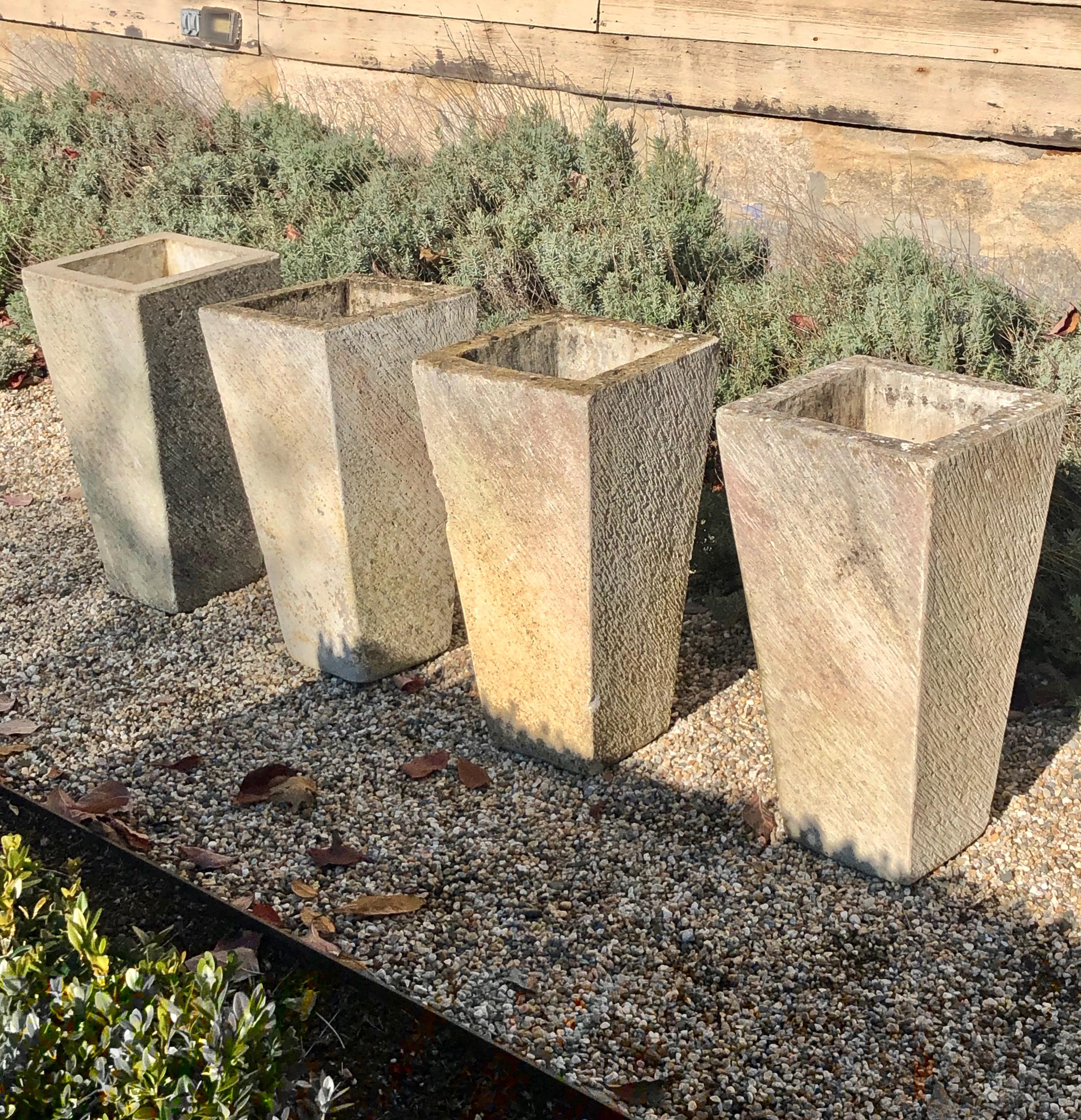 Two Pairs of Tall Contemporary English Cast Stone Planters In Good Condition In Woodbury, CT
