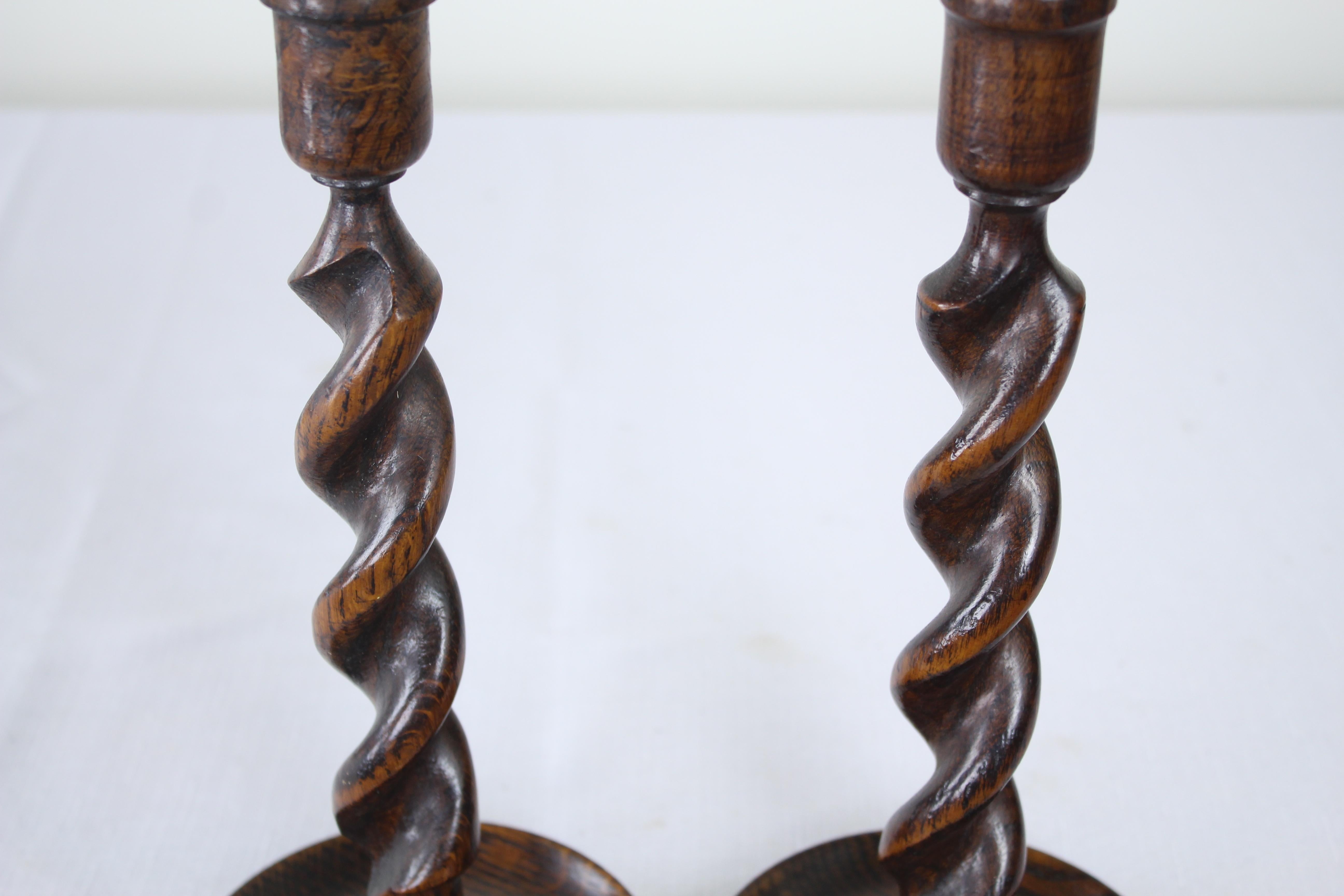 Two Pairs of Turned Oak Candlesticks In Good Condition In Port Chester, NY