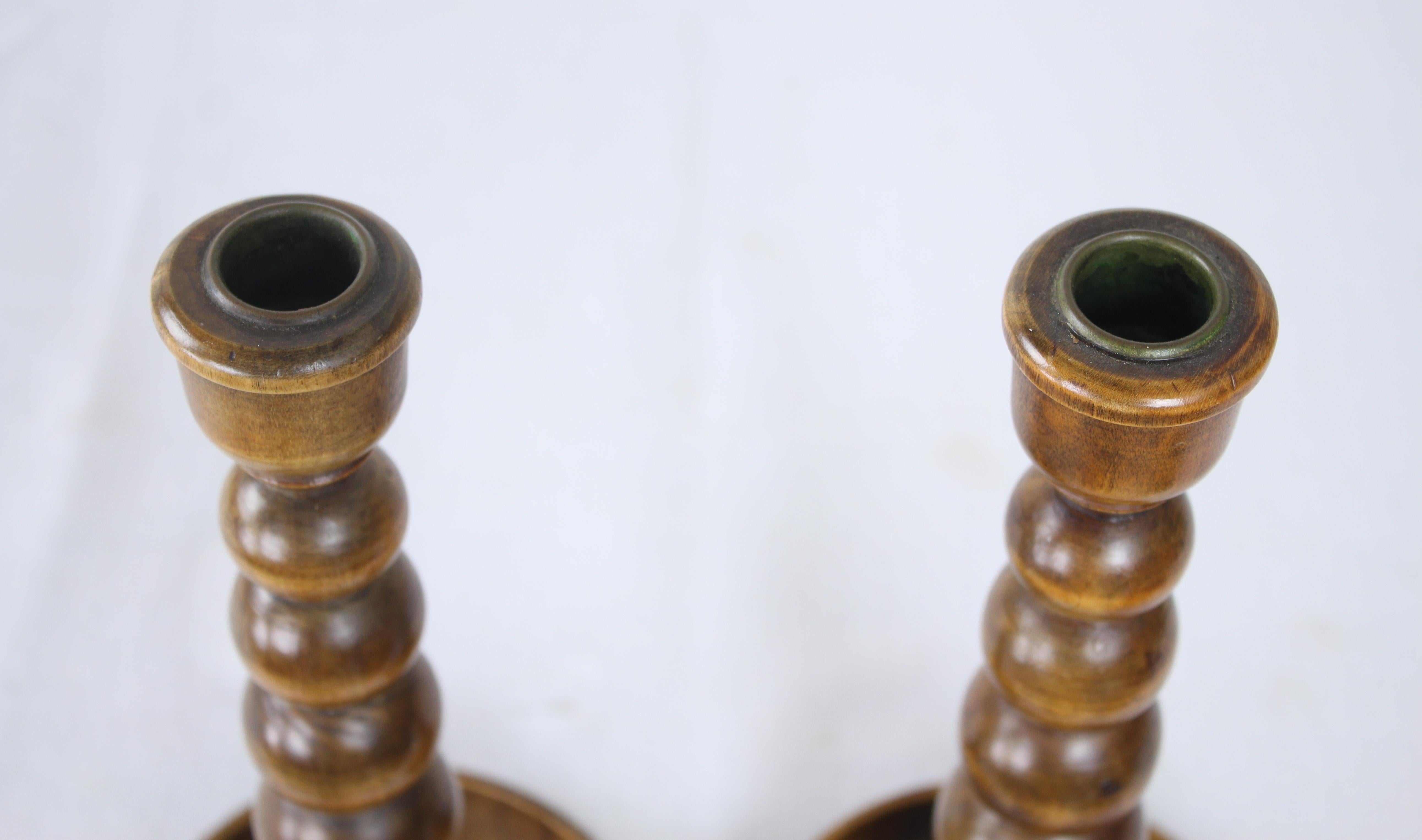 Two Pairs of Turned Oak Candlesticks For Sale 2