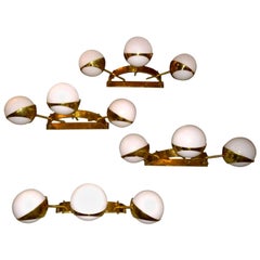 Two Pairs of White Glass Balls and Brass Sconces, Attributed to Stilnovo, 1960s