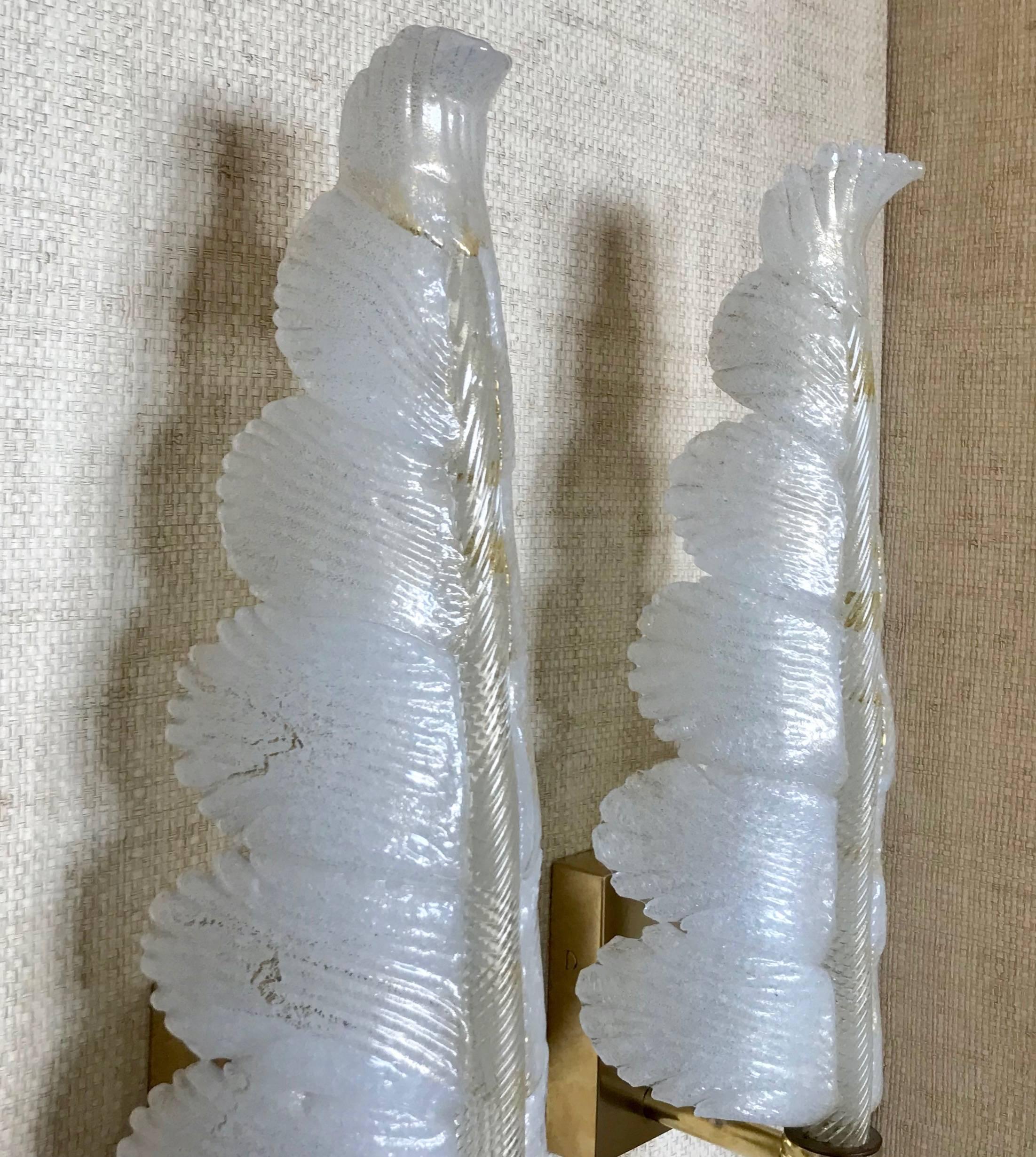 Brass Two Pairs or a Set of Four Barovier & Toso Murano Glass Plume Sconces