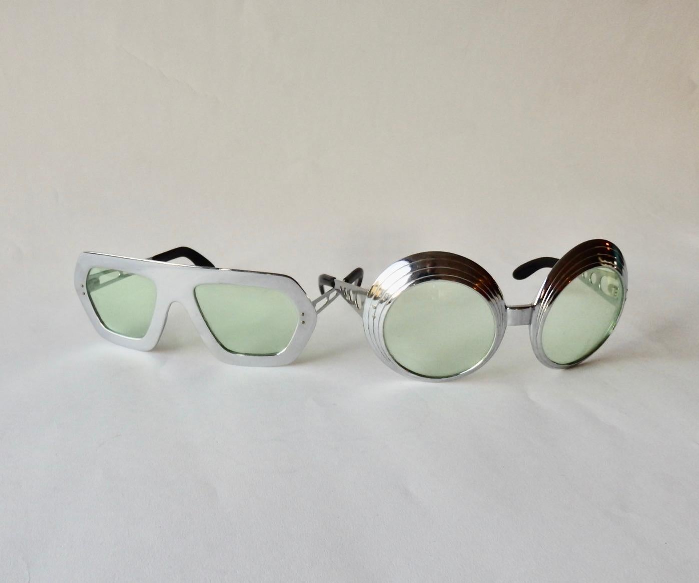 One pair still available . Op-pop mod fashion sunglasses round lenses marked France  . Very clean plastic chrome frames with chrome steel arms . Slight scuff on the lens . Round pair measure 5.75 between arms , arms are 4.5 deep from the hinge.