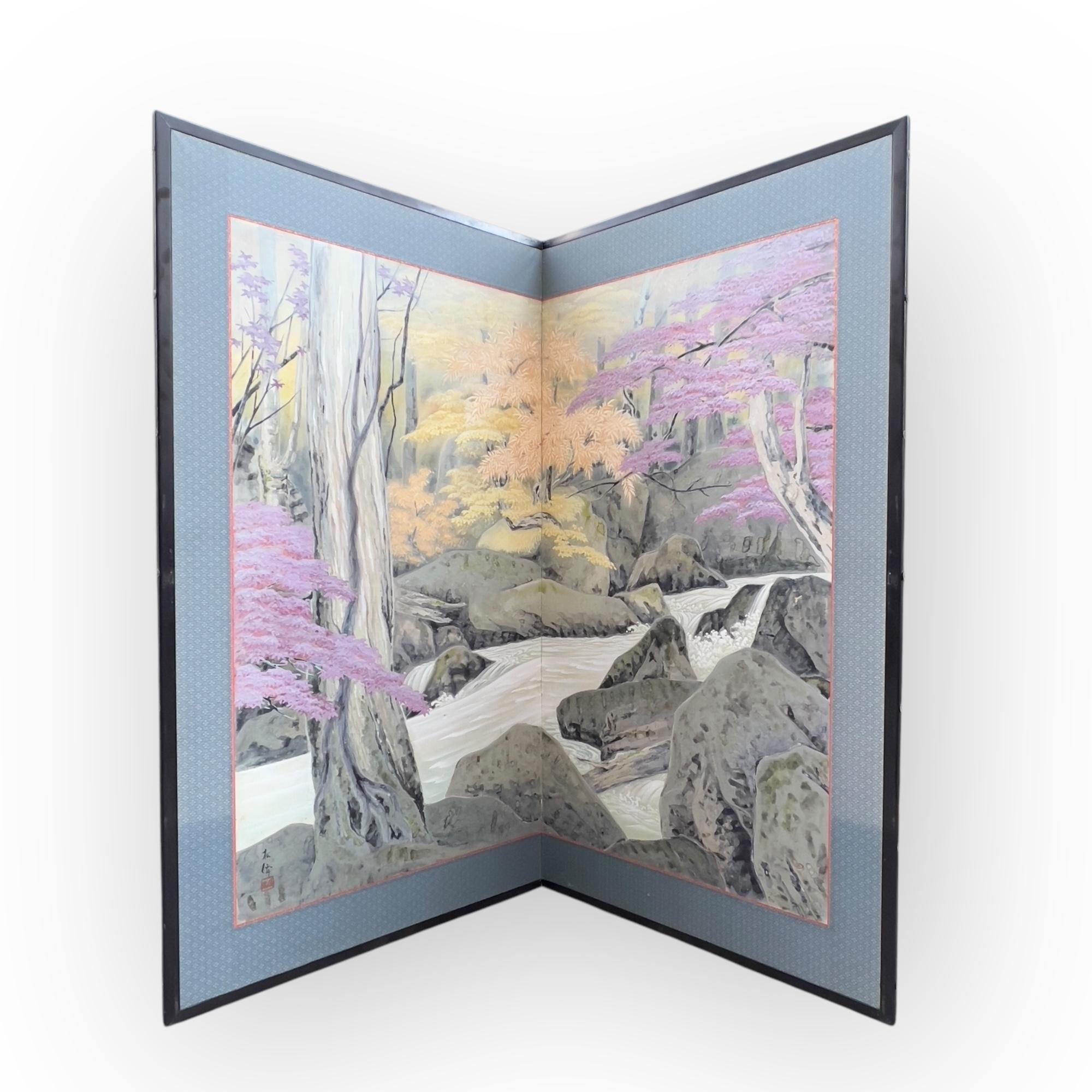 Two-panel folding screen, Nihonga, Hirai Baisen (1889–1969), early Shōwa era (1940s)

This two-panel screen is signed by Hirai Baisen (1889–1969), a major Nihonga painter who is only now being rediscovered after decades of neglect. Born in Kyoto,