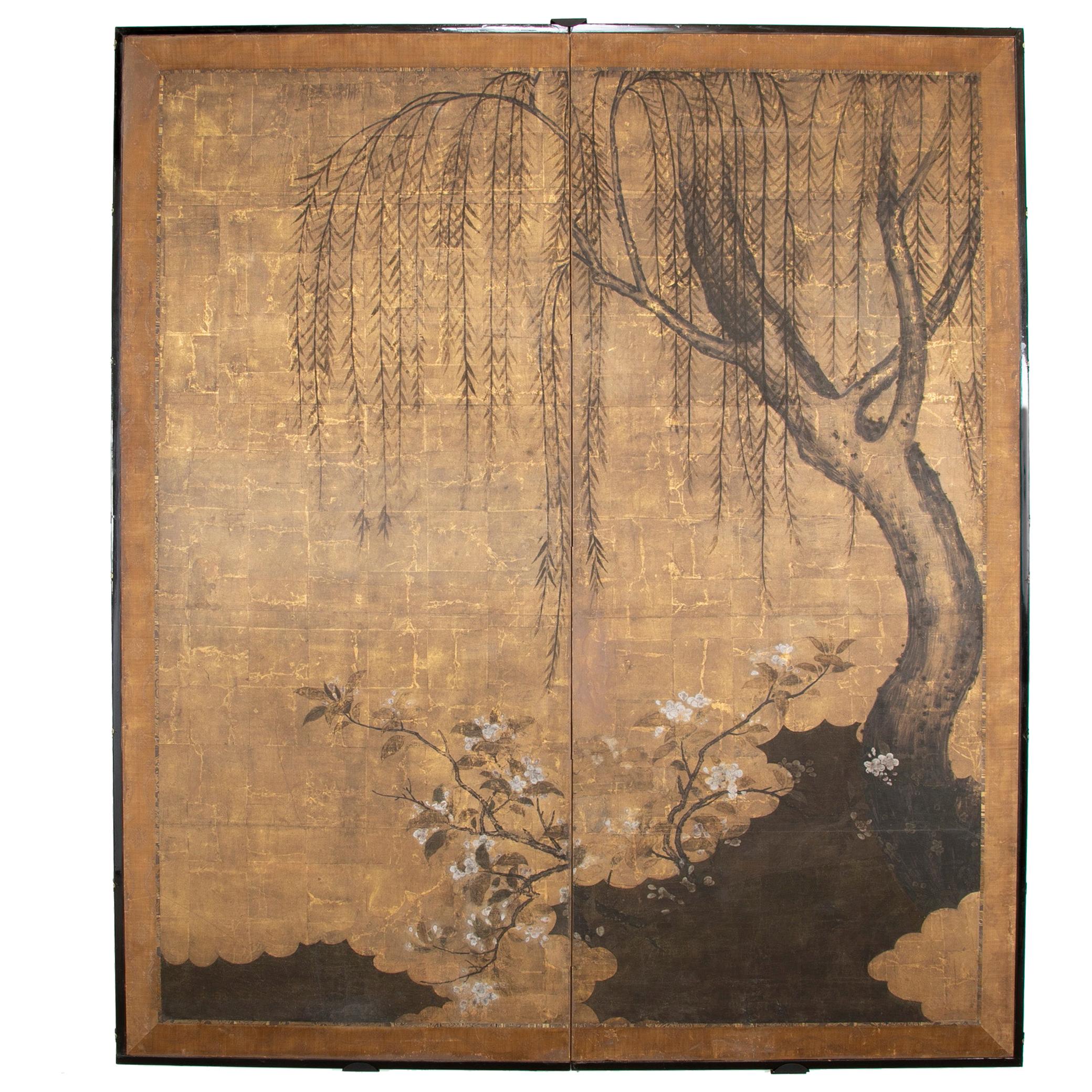 Two Panel Ink and Gold Leaf Japanese Screen