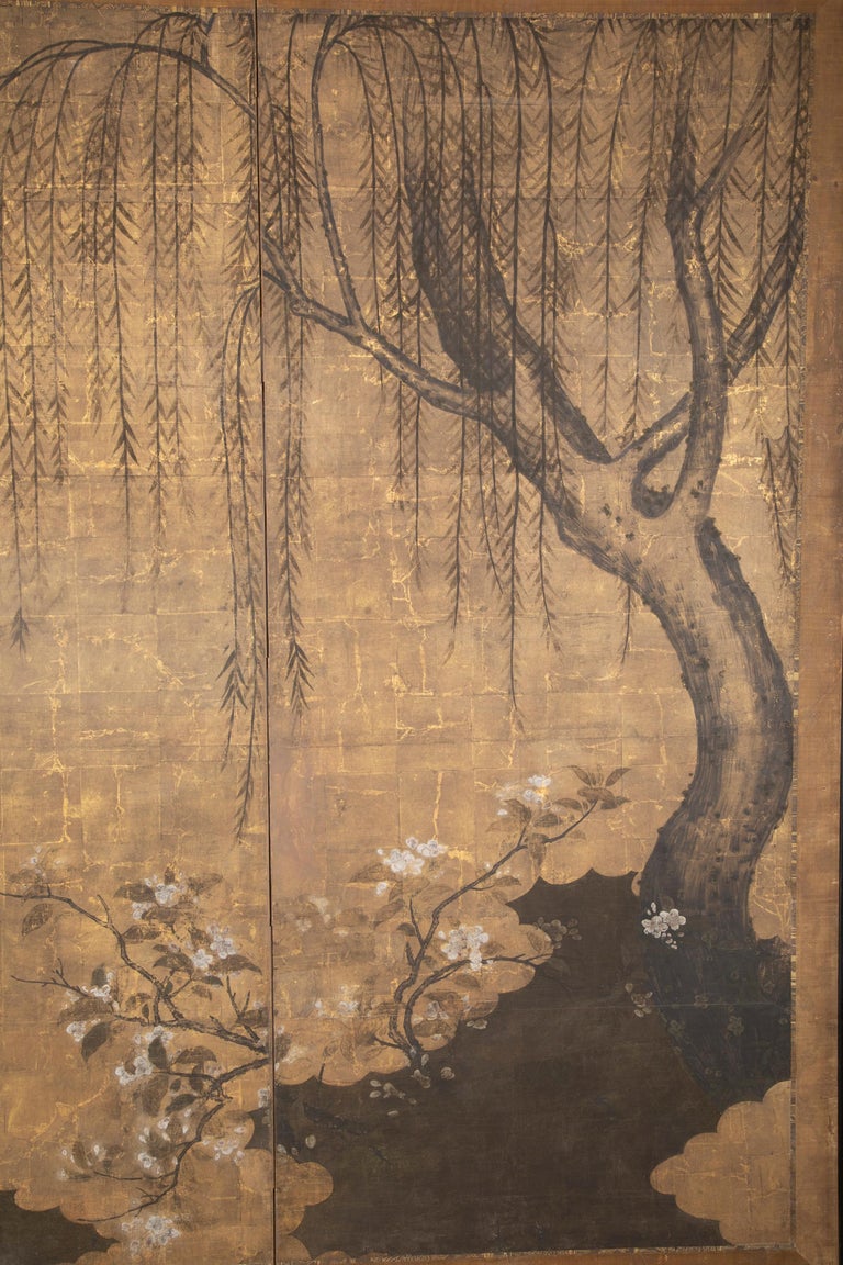 Two Panel Ink and Gold Leaf Japanese Screen at 1stDibs