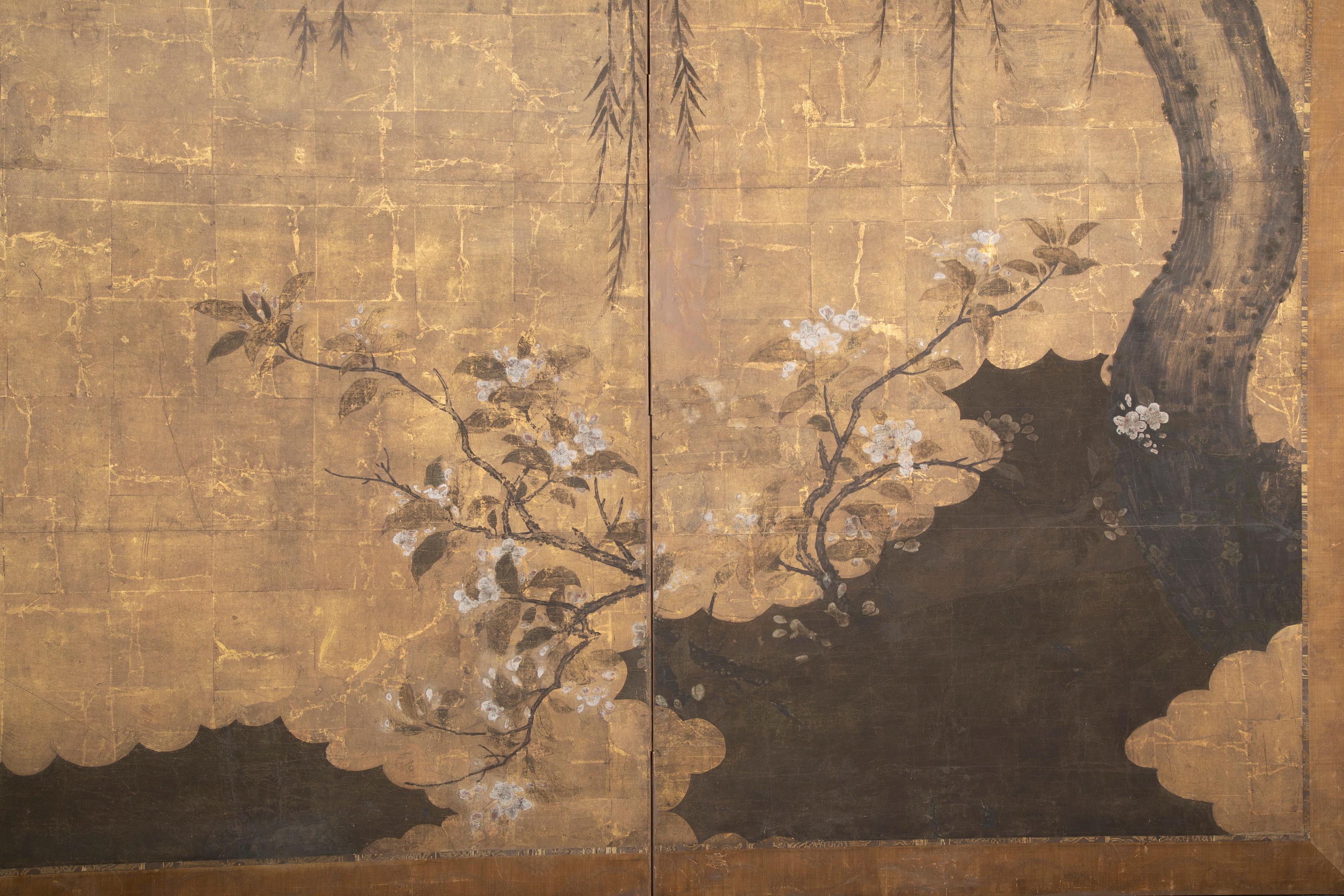 Two Panel Ink and Gold Leaf Japanese Screen 5