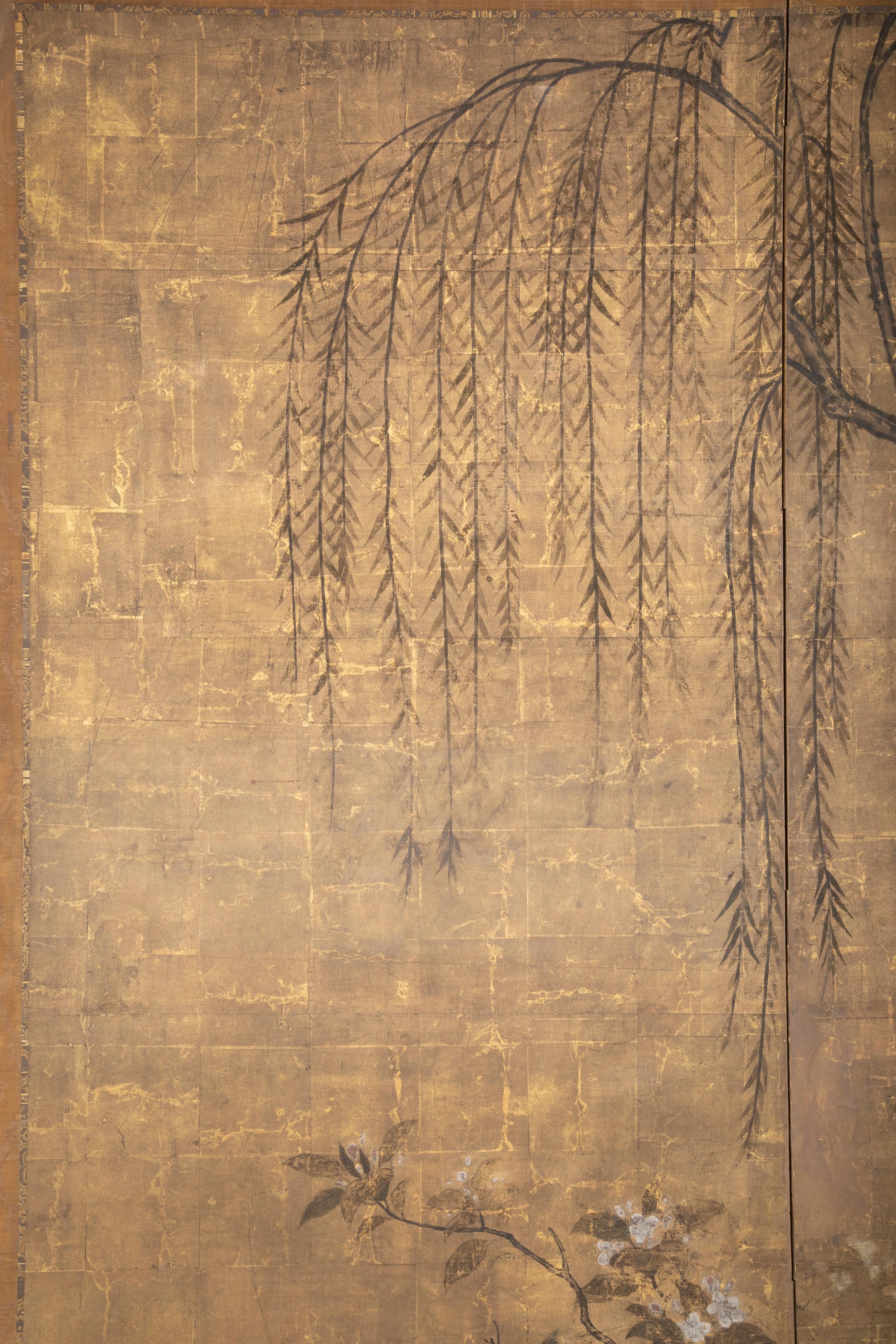 Two Panel Ink and Gold Leaf Japanese Screen 6