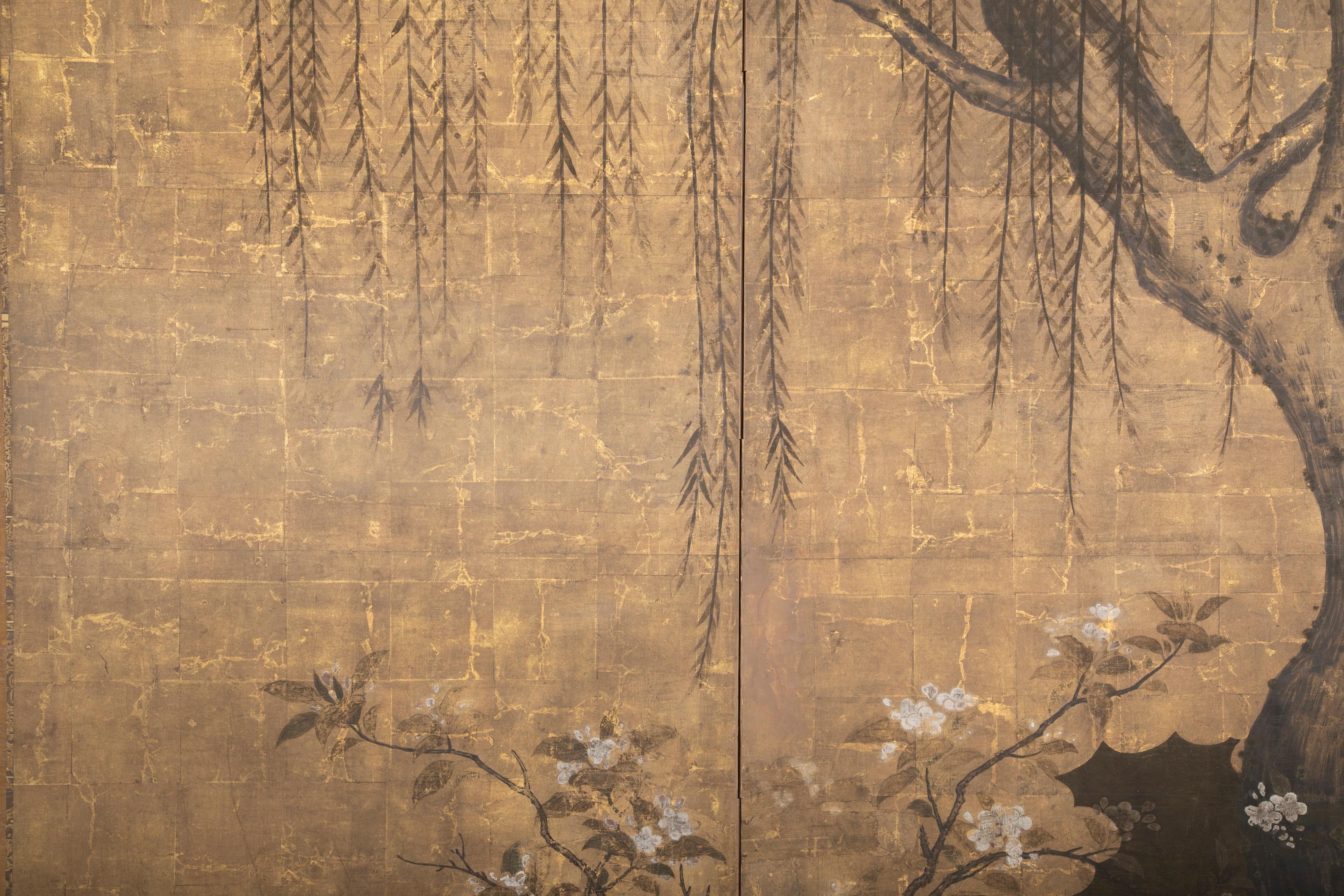 Two Panel Ink and Gold Leaf Japanese Screen 7