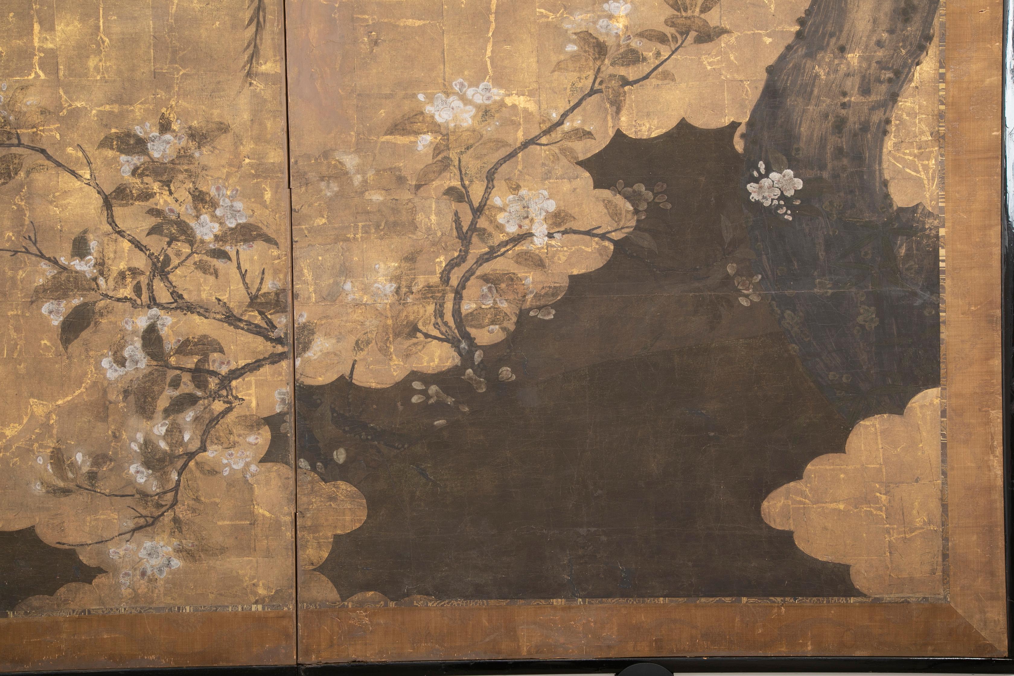 Two panel ink and gold leaf Japanese screen depicting water, weeping willows and a blossoming bush. 19th century Edo period in the style of the earlier 17th century Edo period.