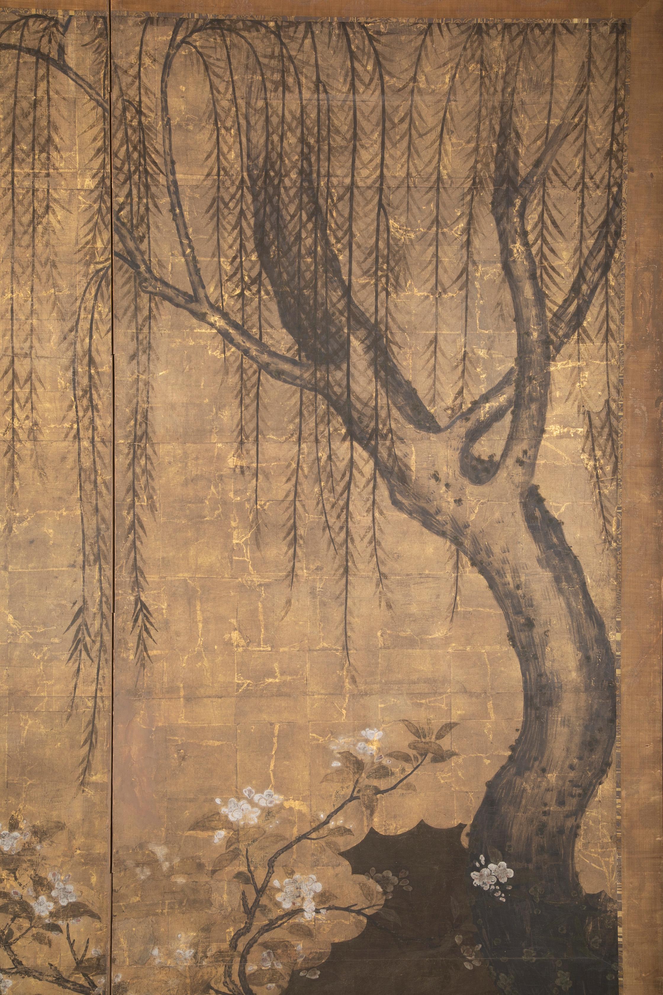 Edo Two Panel Ink and Gold Leaf Japanese Screen