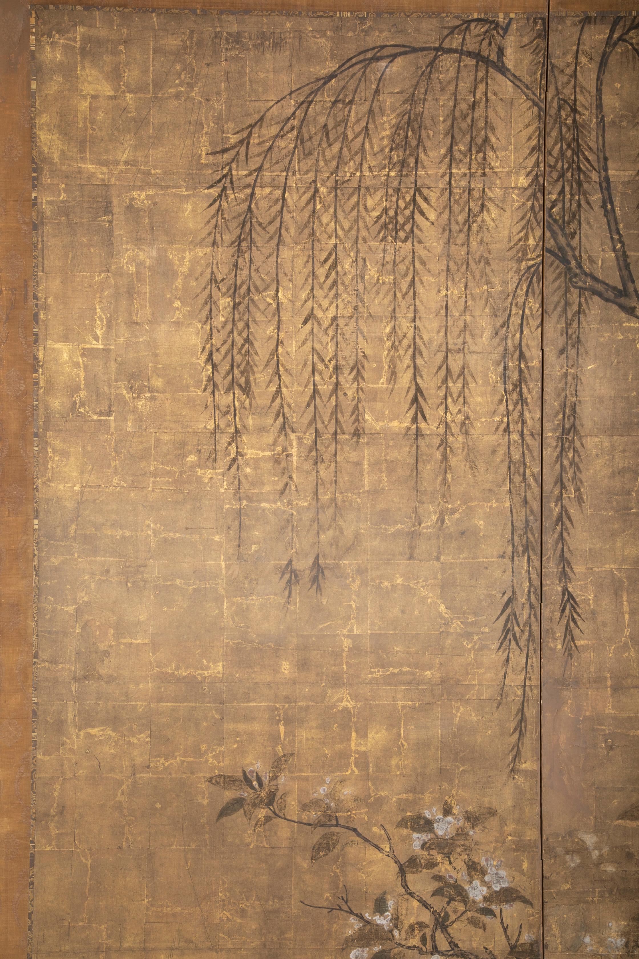 Two Panel Ink and Gold Leaf Japanese Screen In Good Condition In Stamford, CT