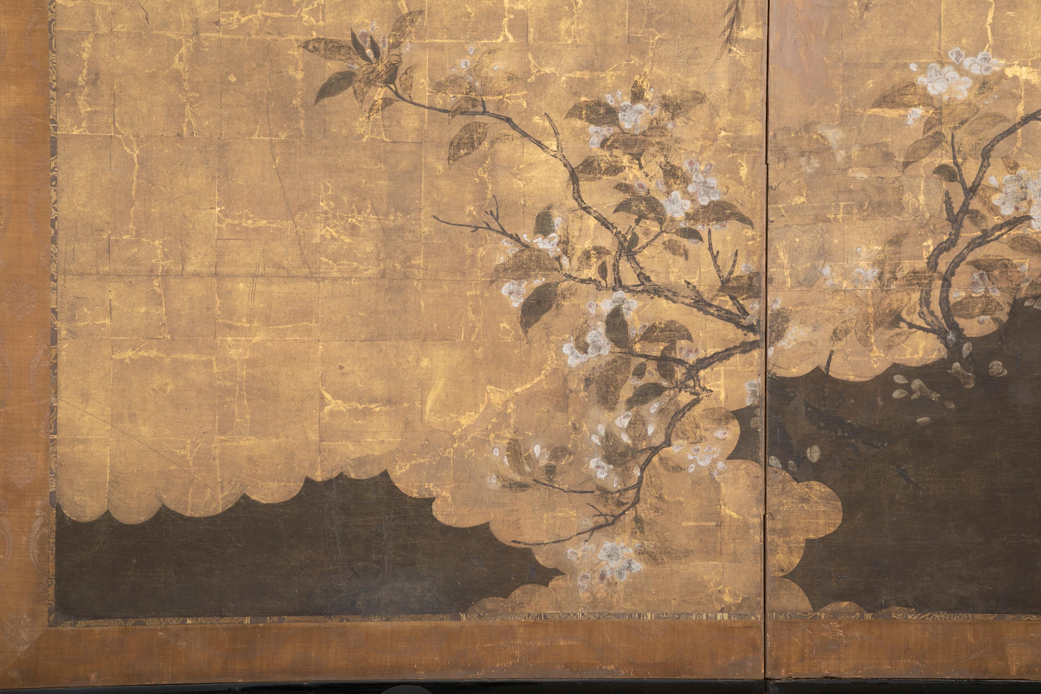 Mid-19th Century Two Panel Ink and Gold Leaf Japanese Screen