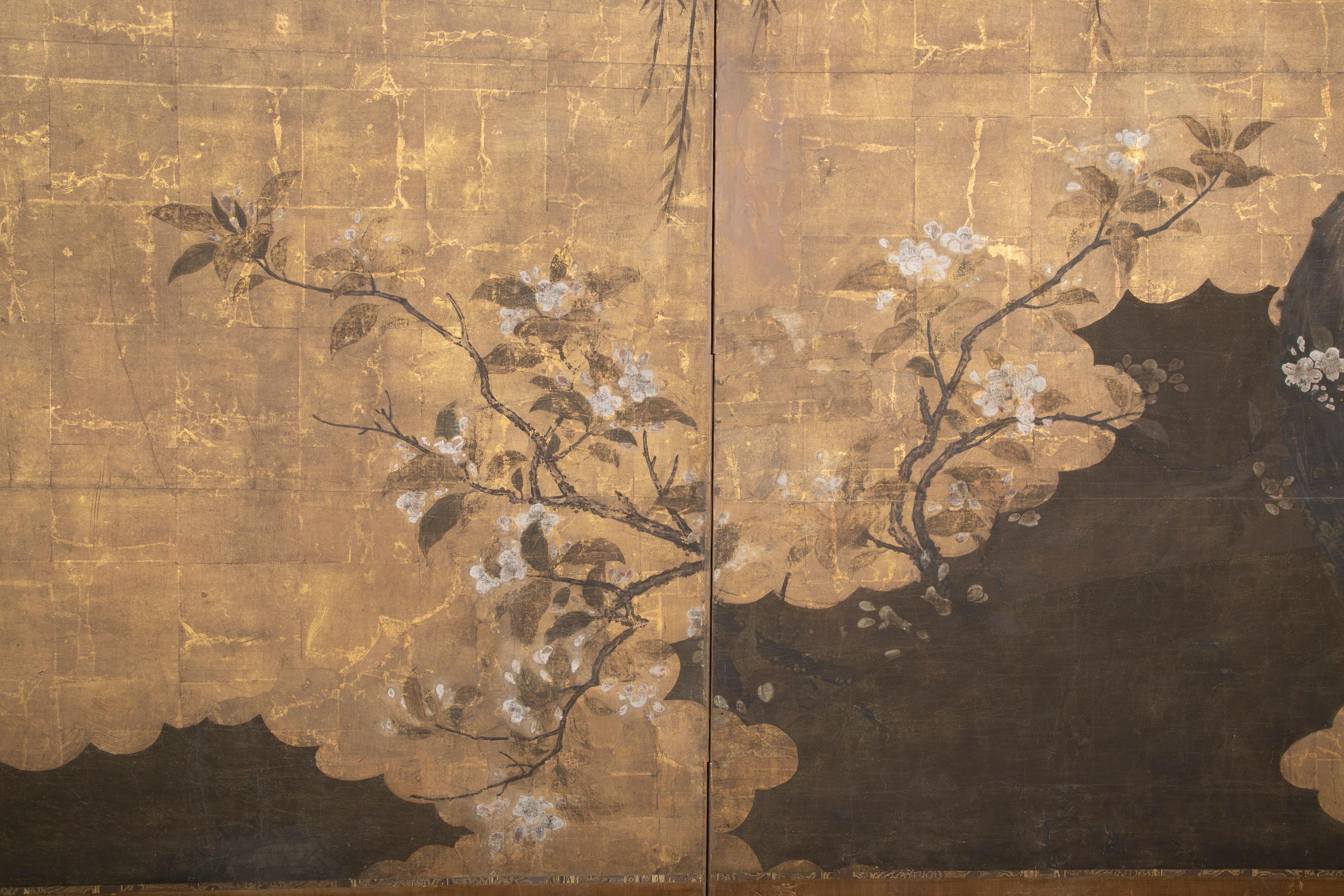 Paper Two Panel Ink and Gold Leaf Japanese Screen