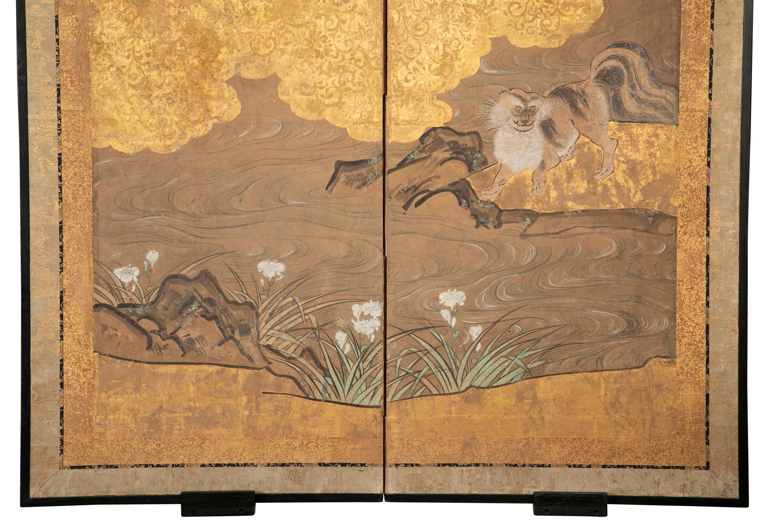 Meiji Two-Panel Japanese Kano School Style Screen
