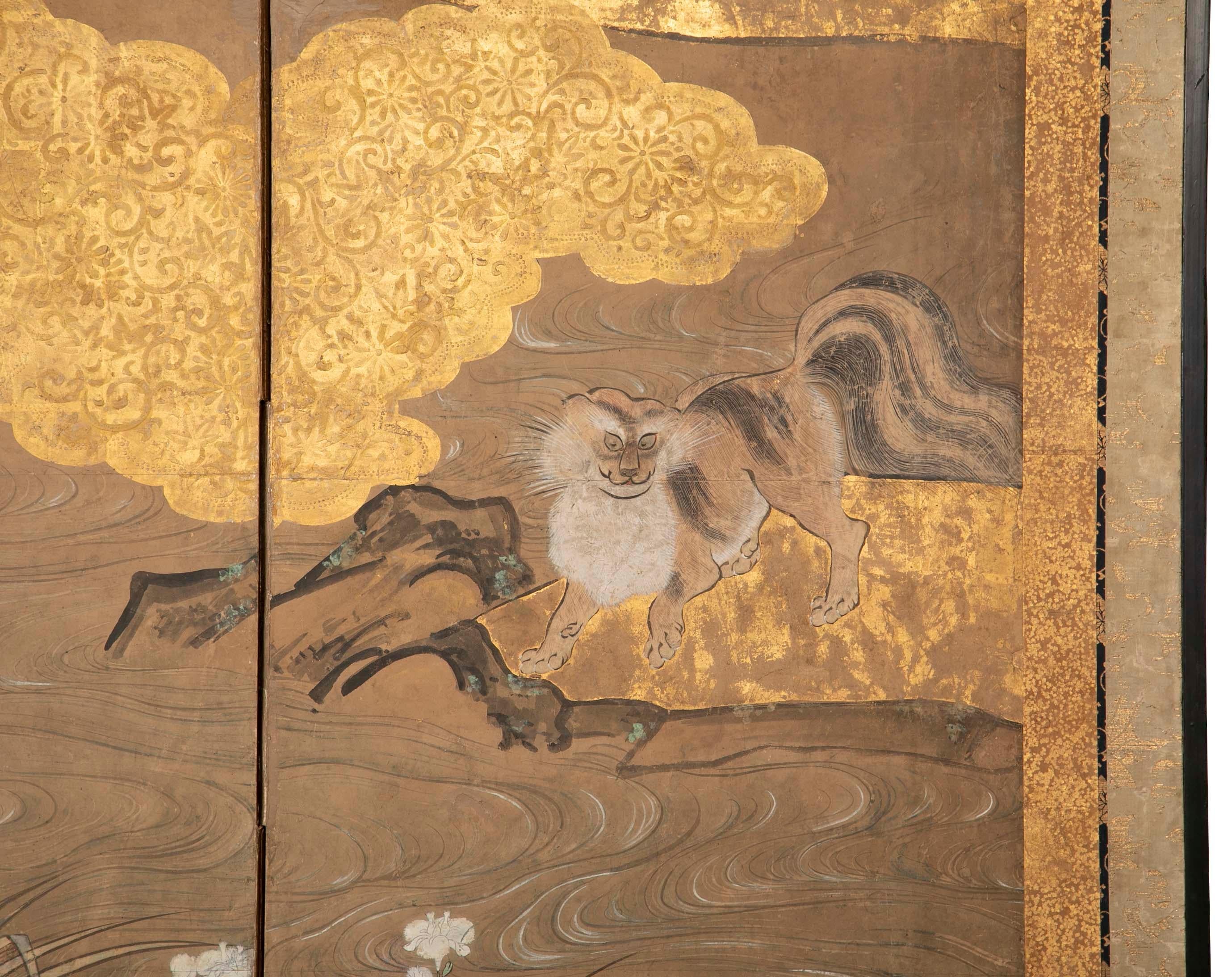 Painted Two-Panel Japanese Kano School Style Screen