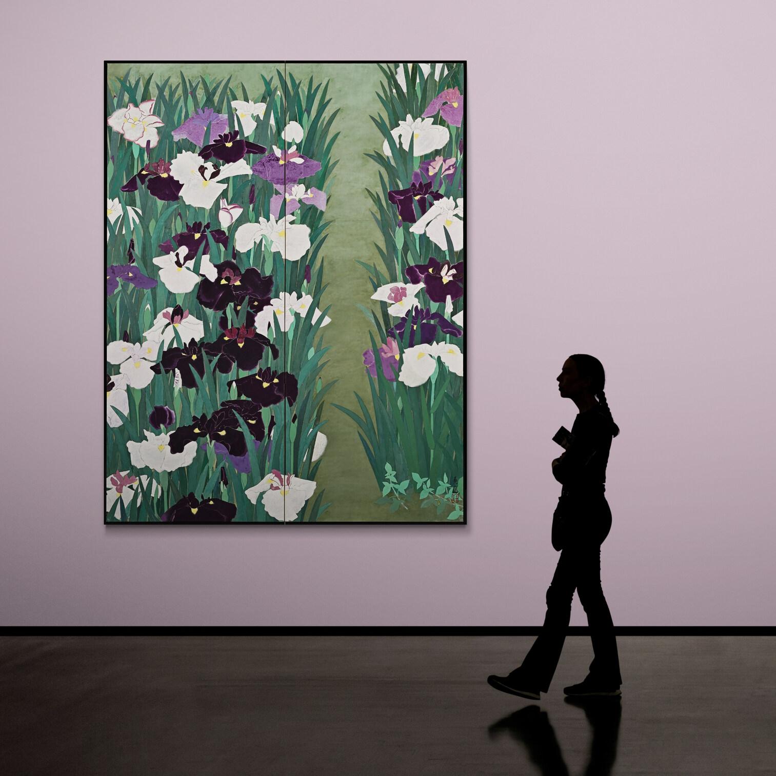 Kokaku Ouya (1911-1966)

June

1954

Two-panel Japanese screen. Mineral pigments on paper.

In this early Postwar Nihonga painting title ‘June’ a field of blooming irises fills the expansive picture plane. The work is a unification of the