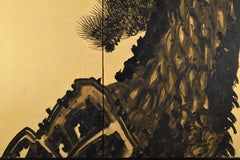 Two-panel Japanese Screen - Aged Pines by Suzuki Shonen. Meiji period.