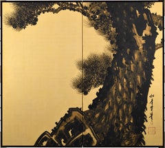 Two-panel Japanese Screen - Aged Pines by Suzuki Shonen. Meiji period.