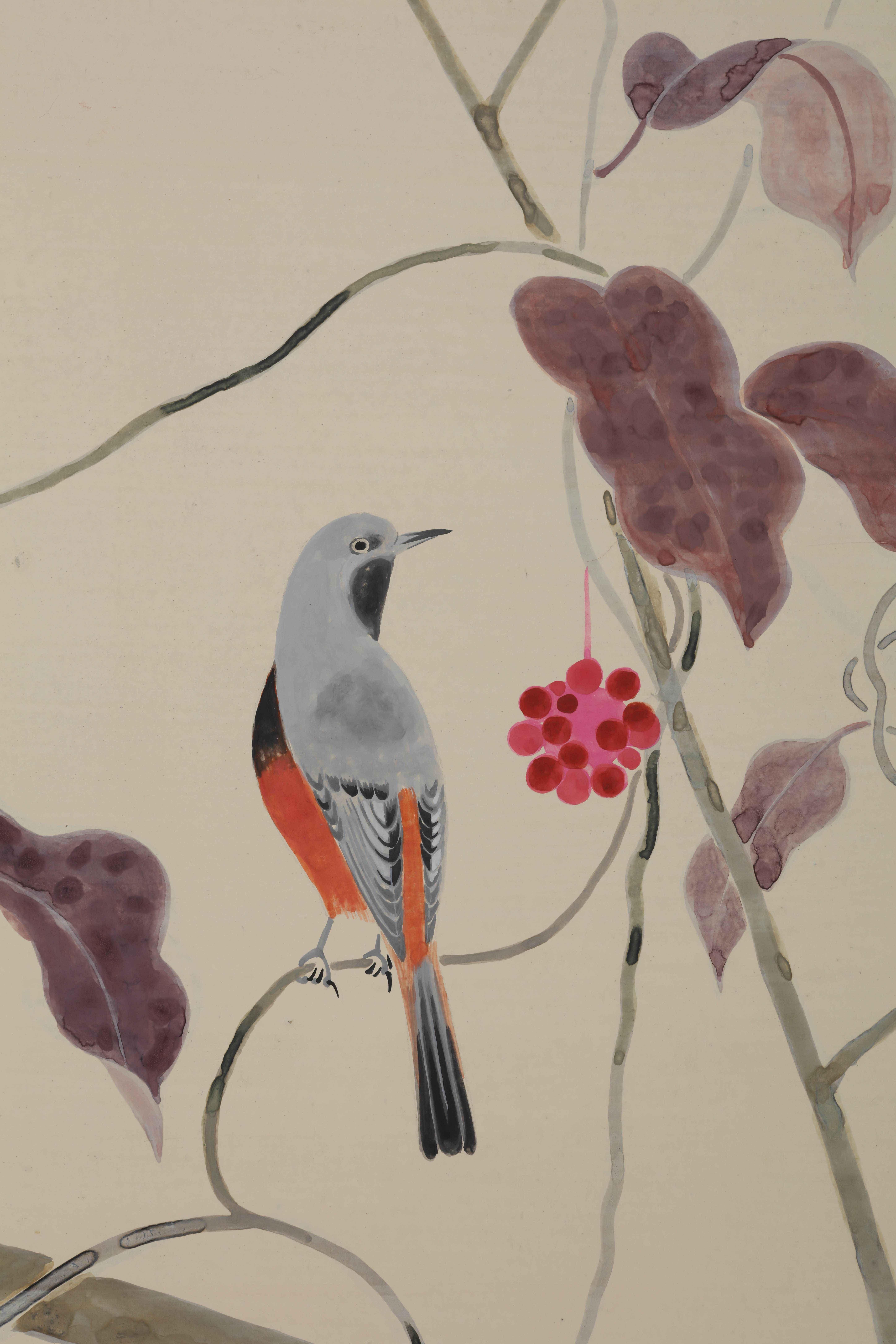 Japanese Two-Panel Screen, Birds and Autumn Trees For Sale
