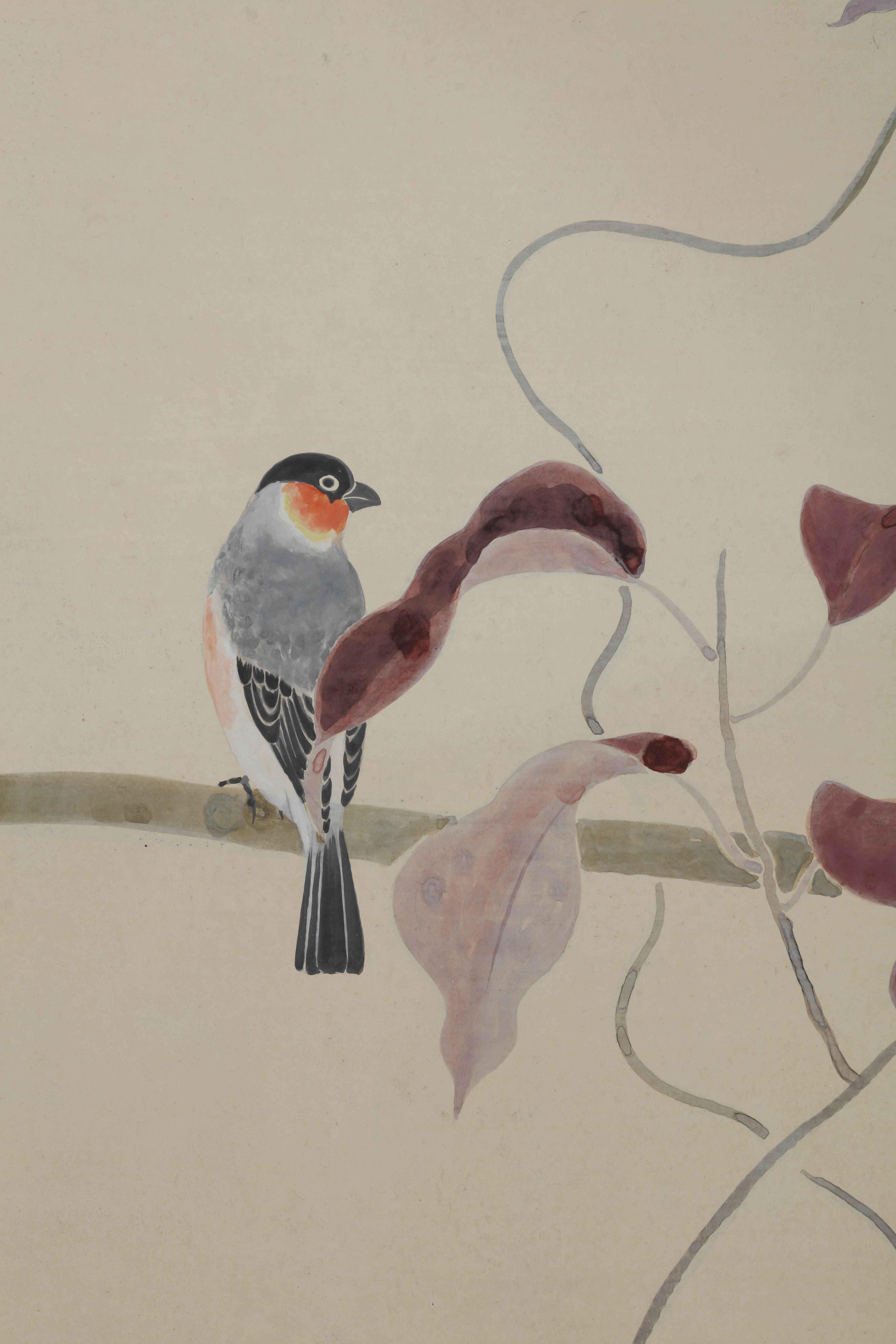 Mid-20th Century Two-Panel Screen, Birds and Autumn Trees For Sale