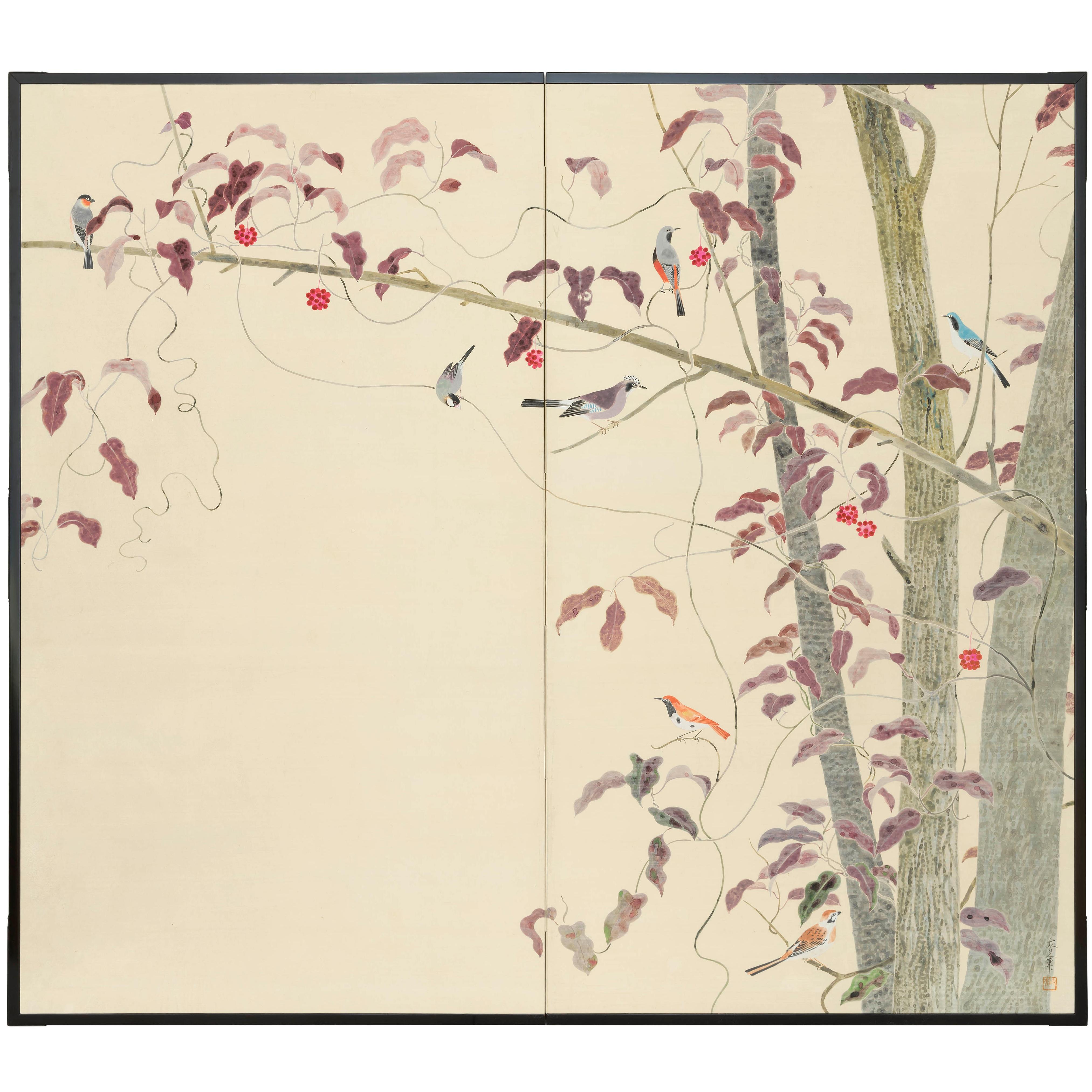 Two-Panel Screen, Birds and Autumn Trees For Sale