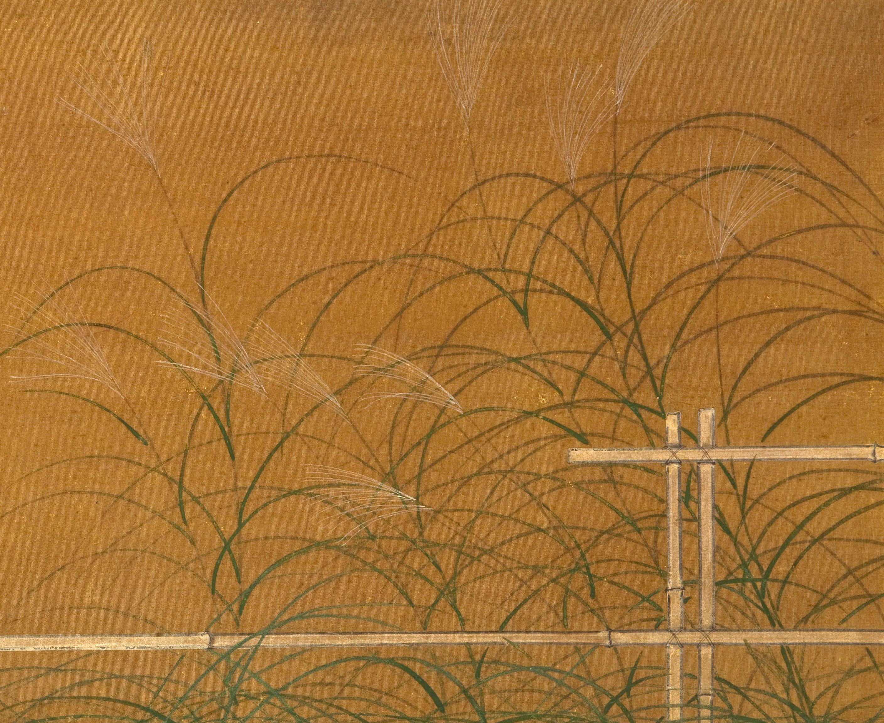 Japanese Two-Panel Screen, Fall Grasses and Flowers by Bamboo Fence For Sale