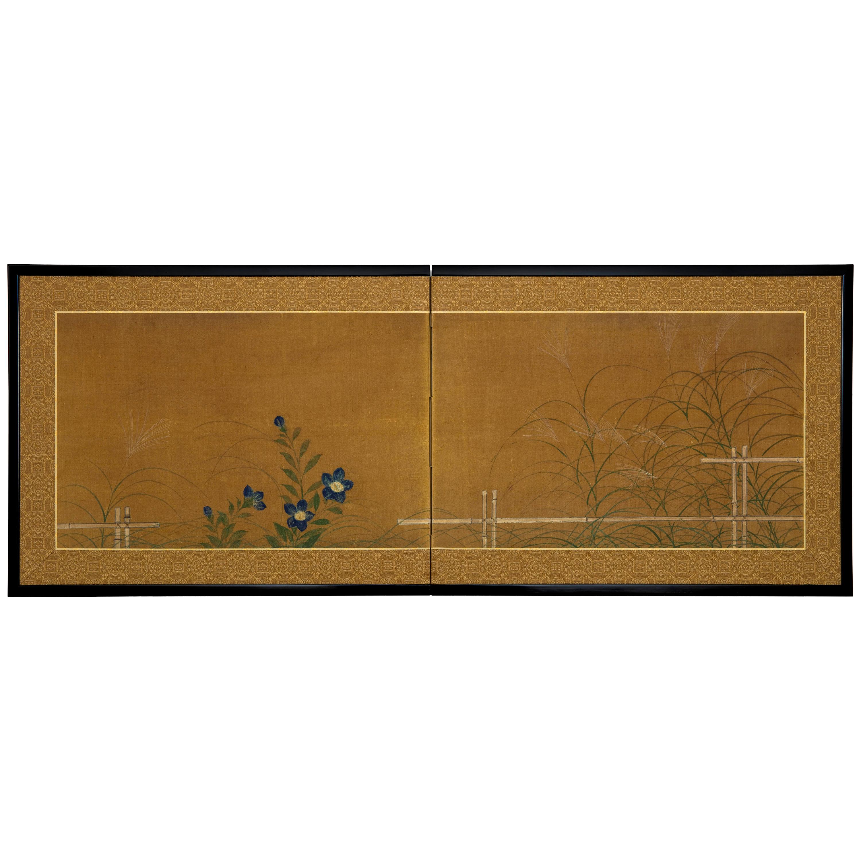 Two-Panel Screen, Fall Grasses and Flowers by Bamboo Fence For Sale