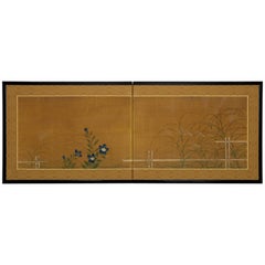 Two-Panel Screen, Fall Grasses and Flowers by Bamboo Fence