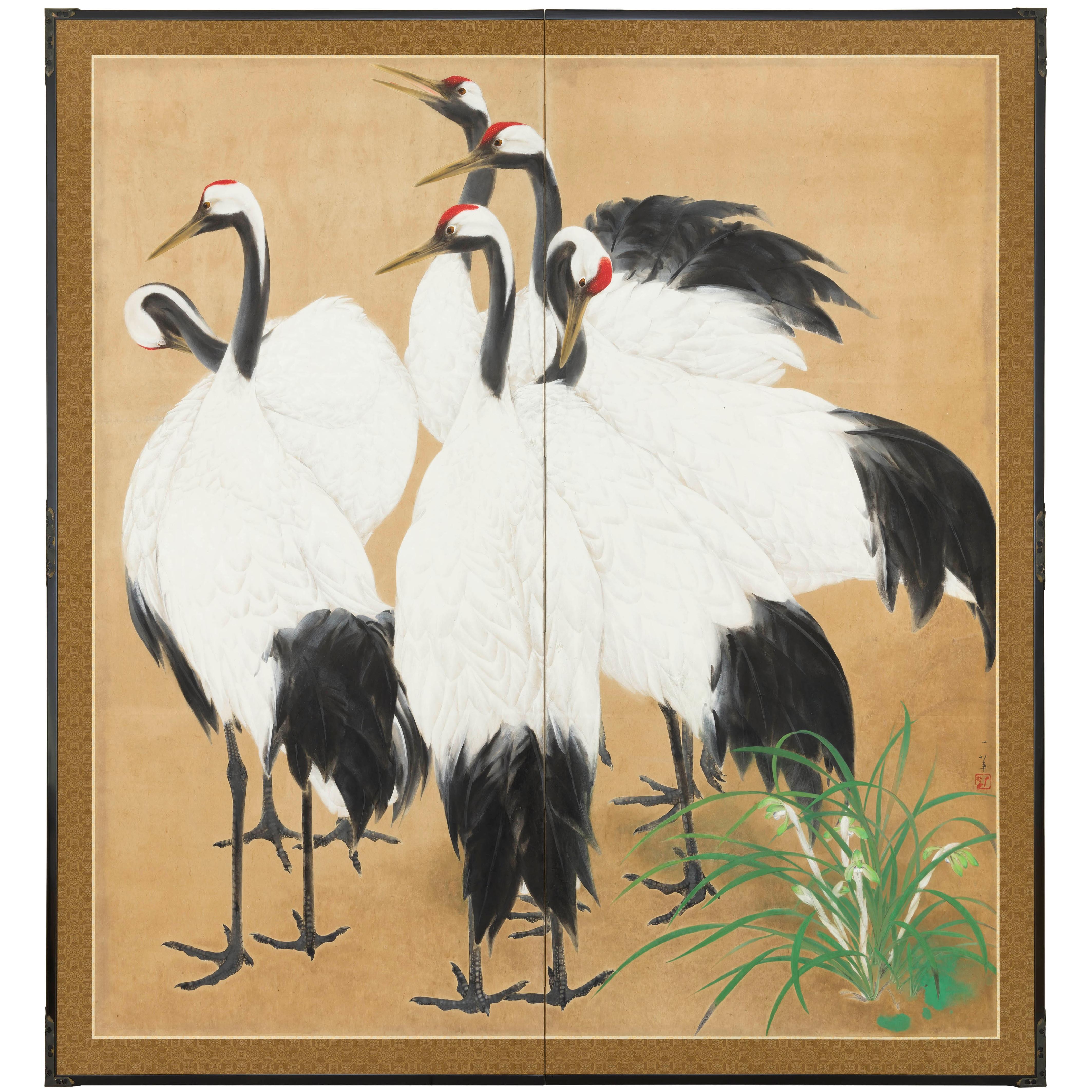 Two-Panel Screen, Group of Six Cranes by Orchid For Sale