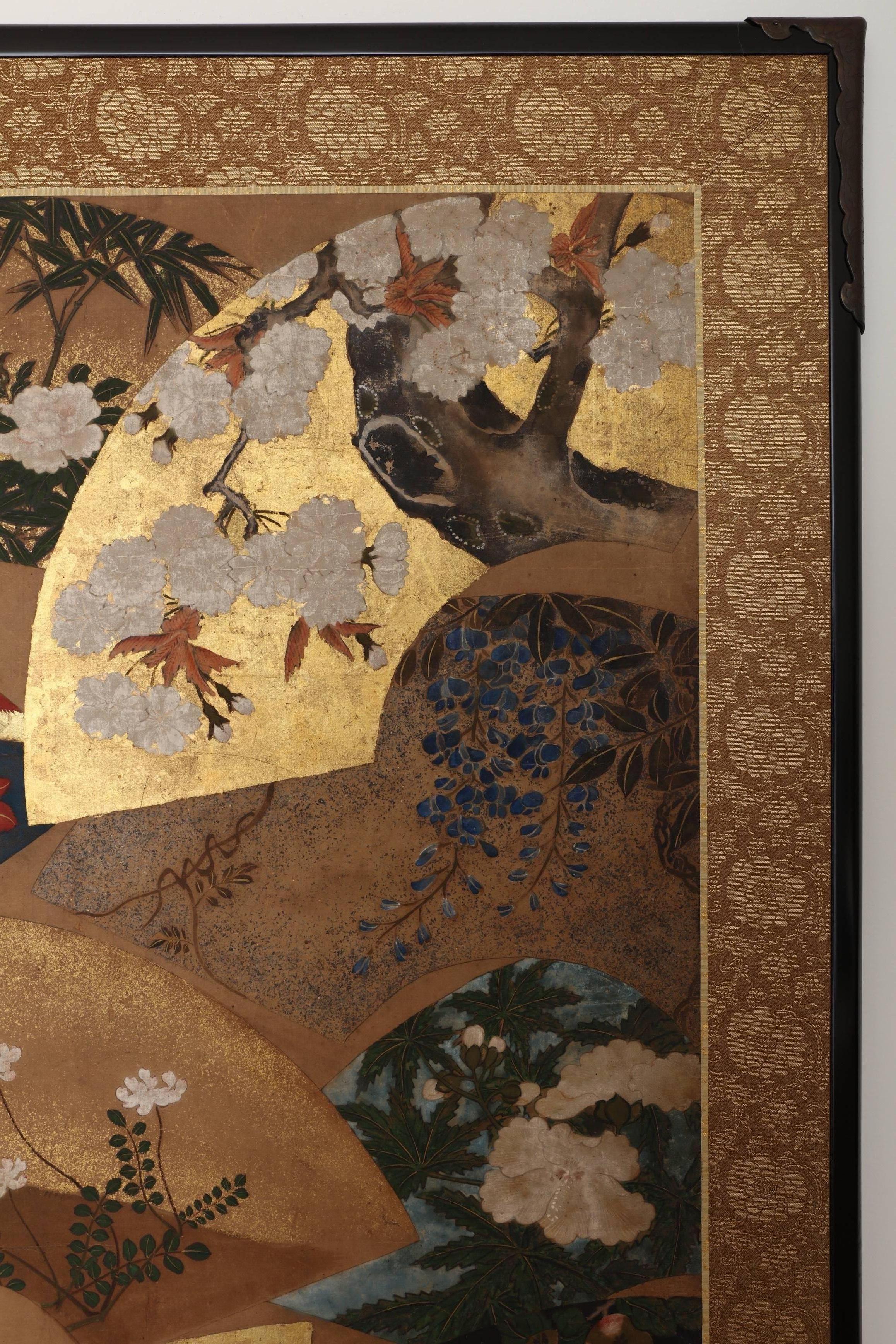Japanese Two-Panel Screen, Scattered Fan with Seasonal Flowers For Sale