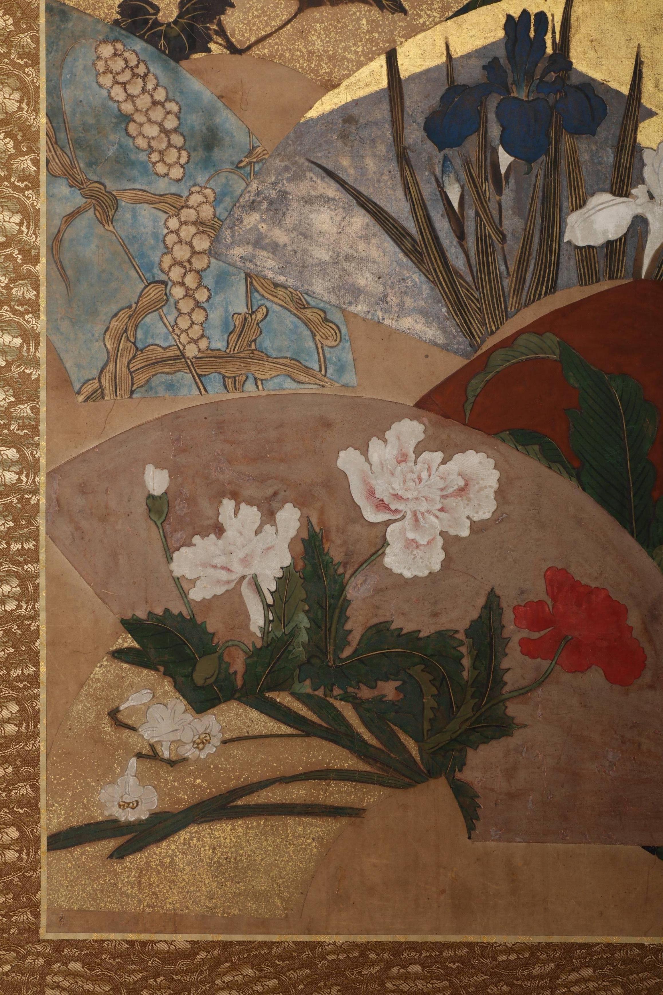 Hand-Painted Two-Panel Screen, Scattered Fan with Seasonal Flowers For Sale