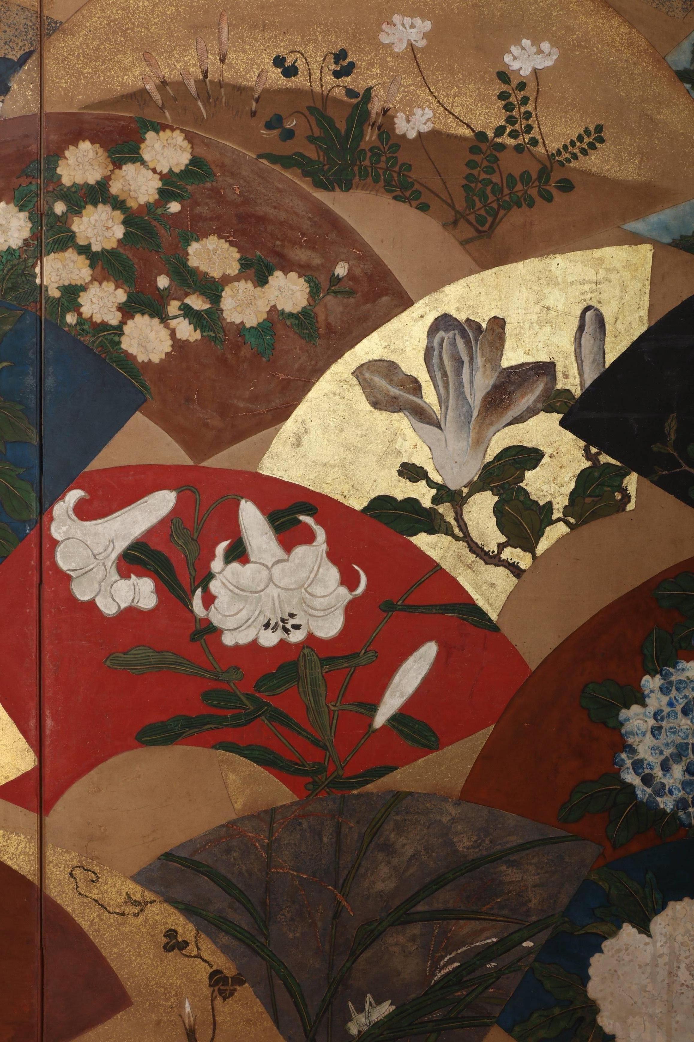 19th Century Two-Panel Screen, Scattered Fan with Seasonal Flowers For Sale