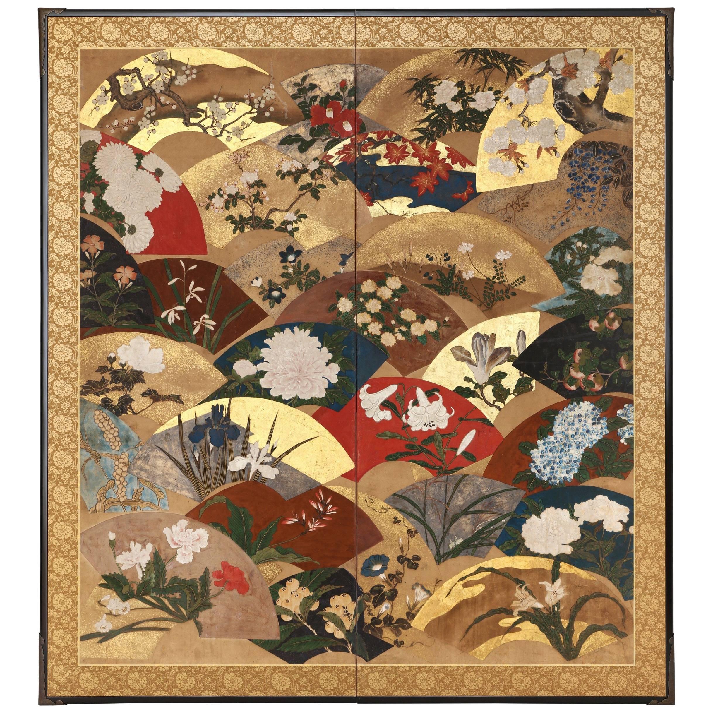 Two-Panel Screen, Scattered Fan with Seasonal Flowers For Sale