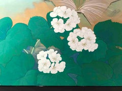 Two-Panel Screen, Wild Turkey Hen and Chicks Between Lotus