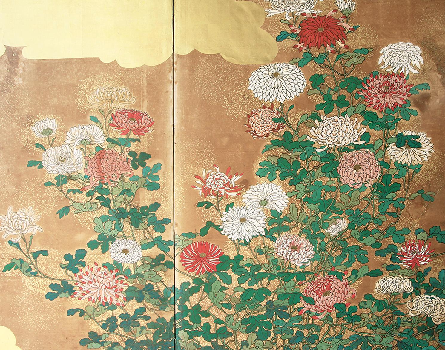 Meiji Two Panels Japanese Folding Screen Gold Leaf