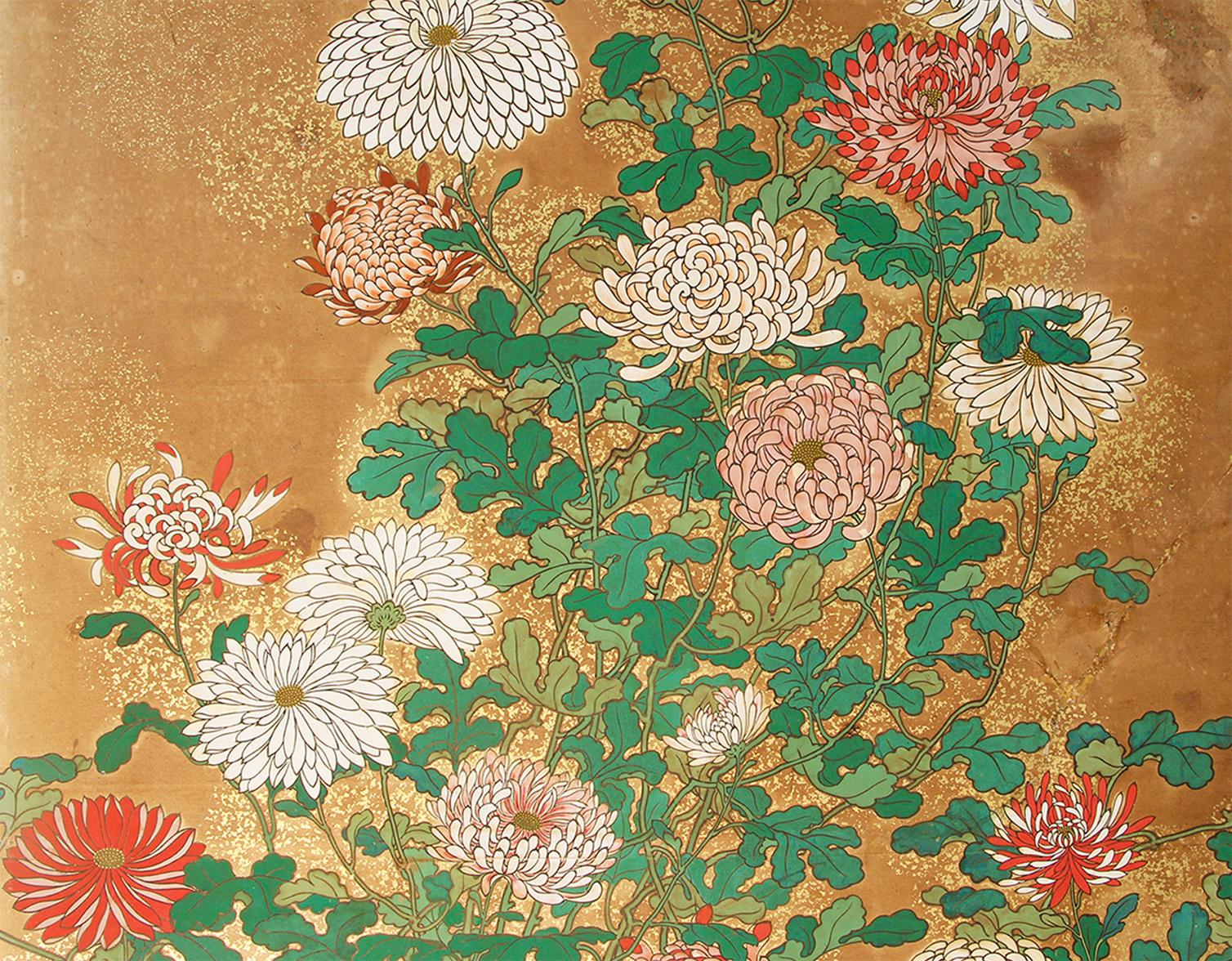 Hand-Painted Two Panels Japanese Folding Screen Gold Leaf