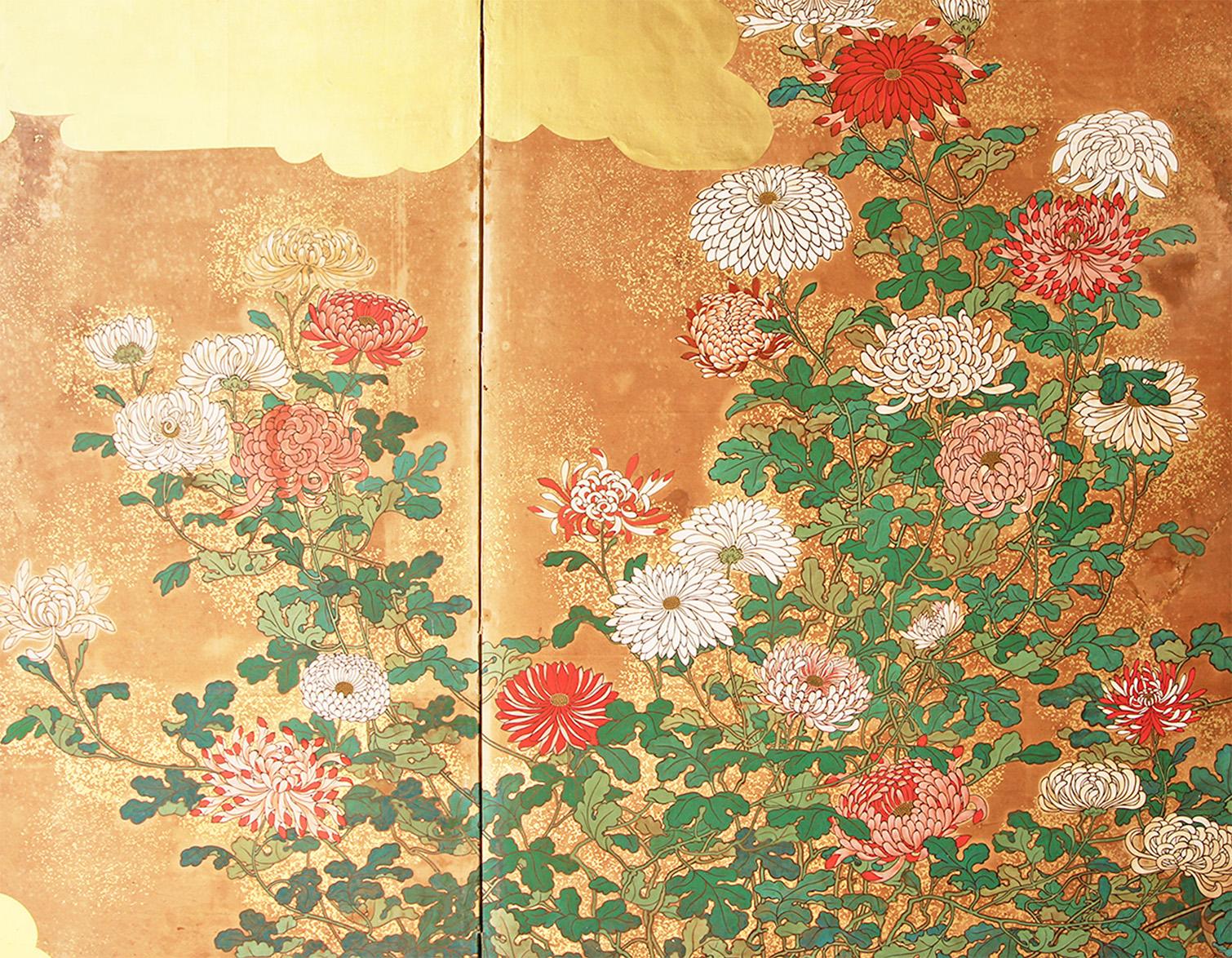 Two Panels Japanese Folding Screen Gold Leaf In Good Condition In Brescia, IT
